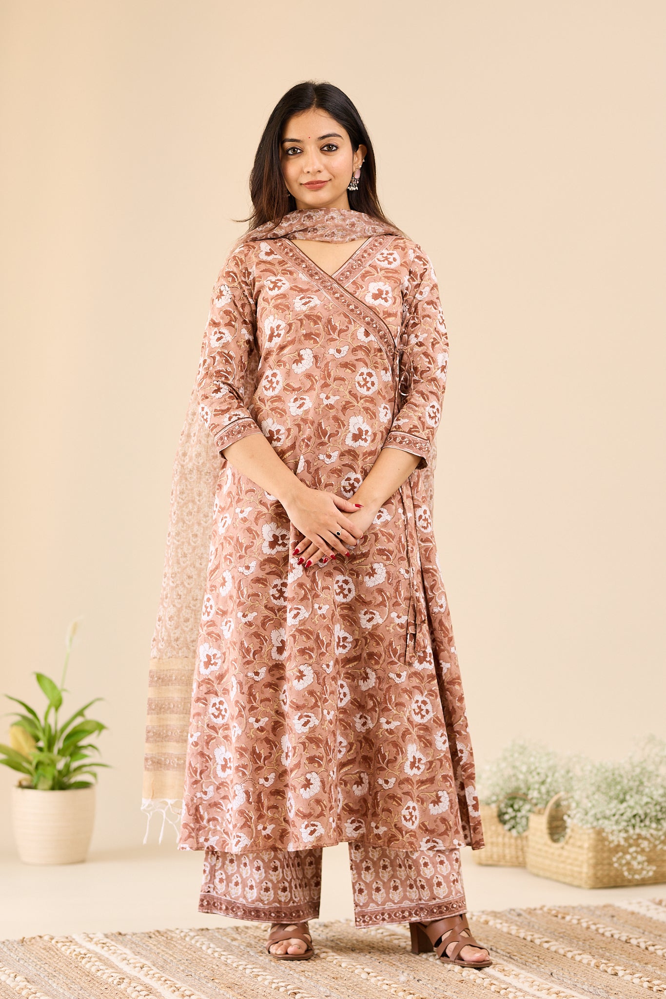 Rosewood Brown with Ivory Floral block Printed Salwar Suit-set with Kota Dupatta