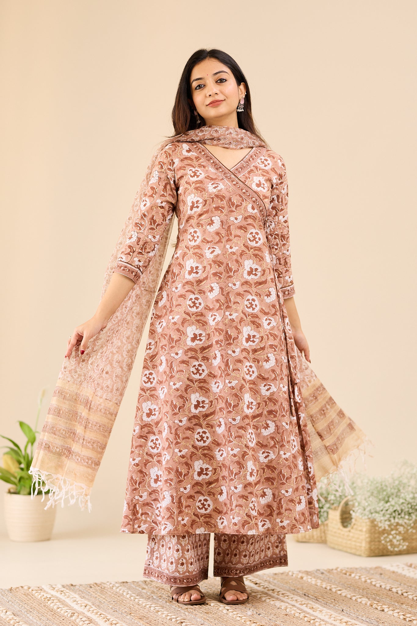 Rosewood Brown with Ivory Floral block Printed Salwar Suit-set with Kota Dupatta