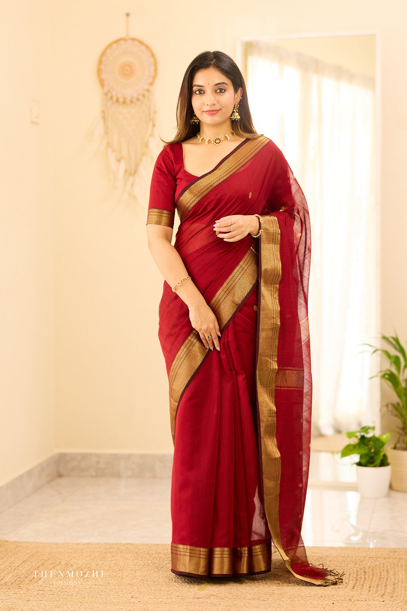 Royal Maroon Maheshwari silk cotton saree