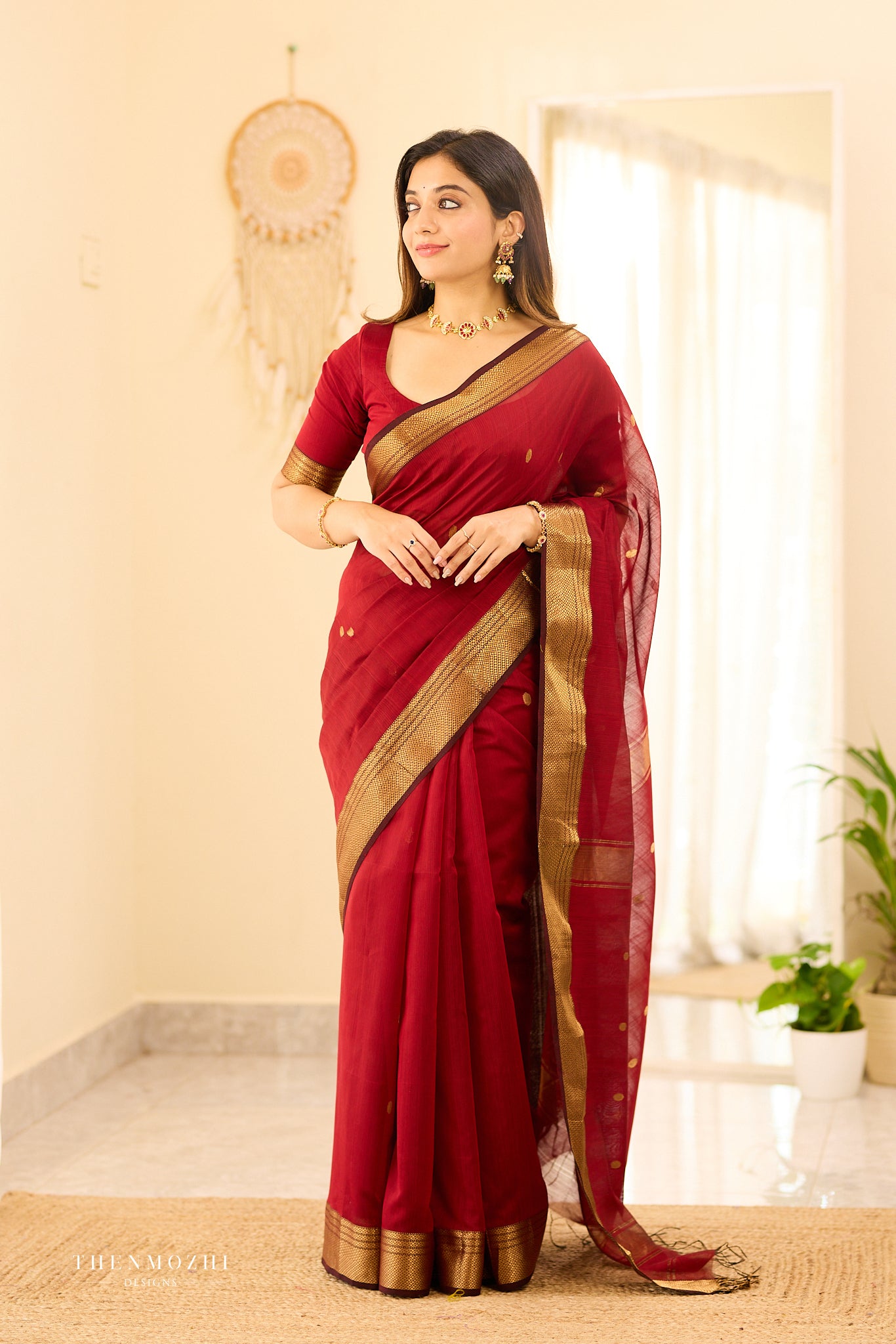Royal Maroon Maheshwari silk cotton saree