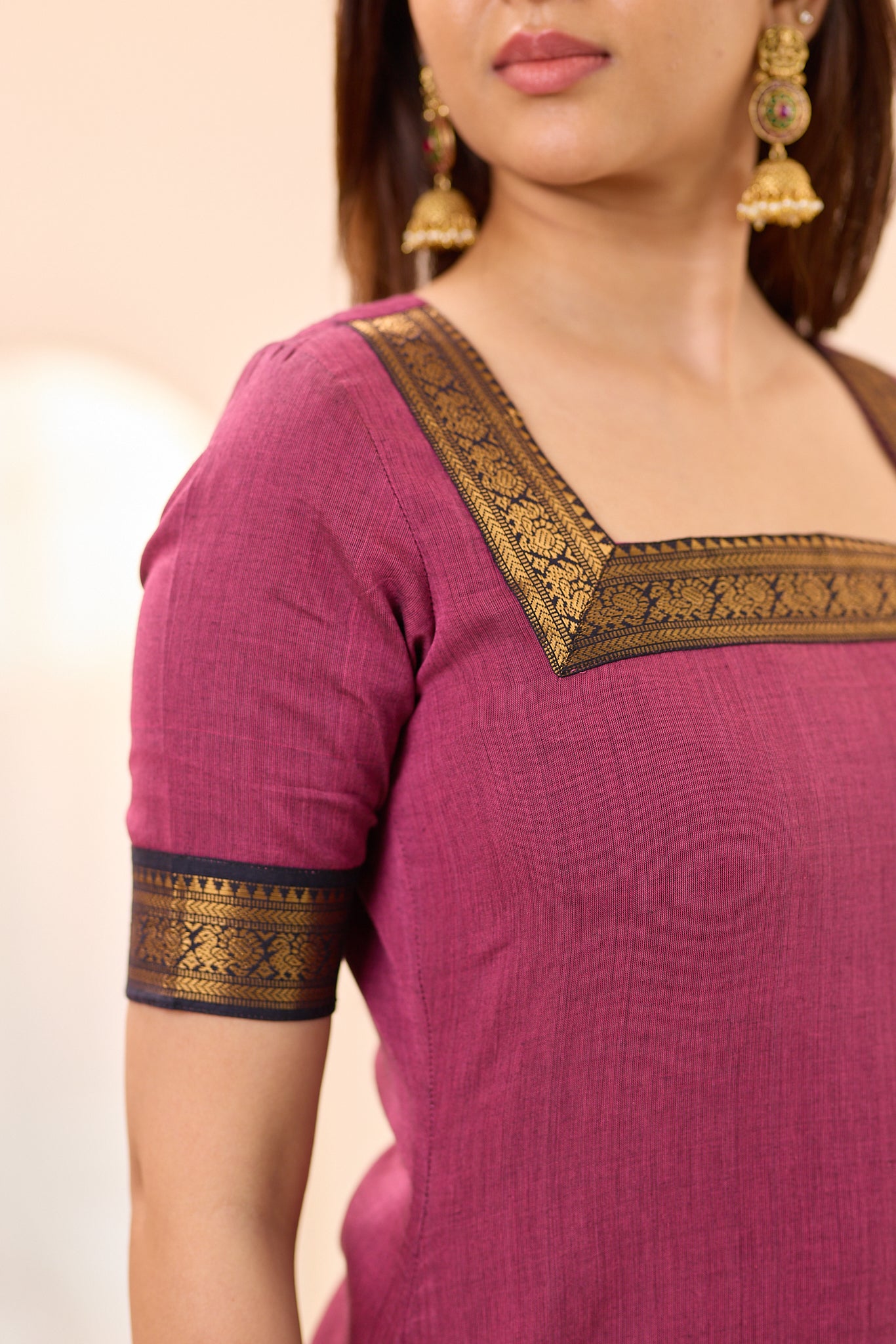Rosewood Mauve with Black Zari Border Chettinad Cotton Top and Dupatta