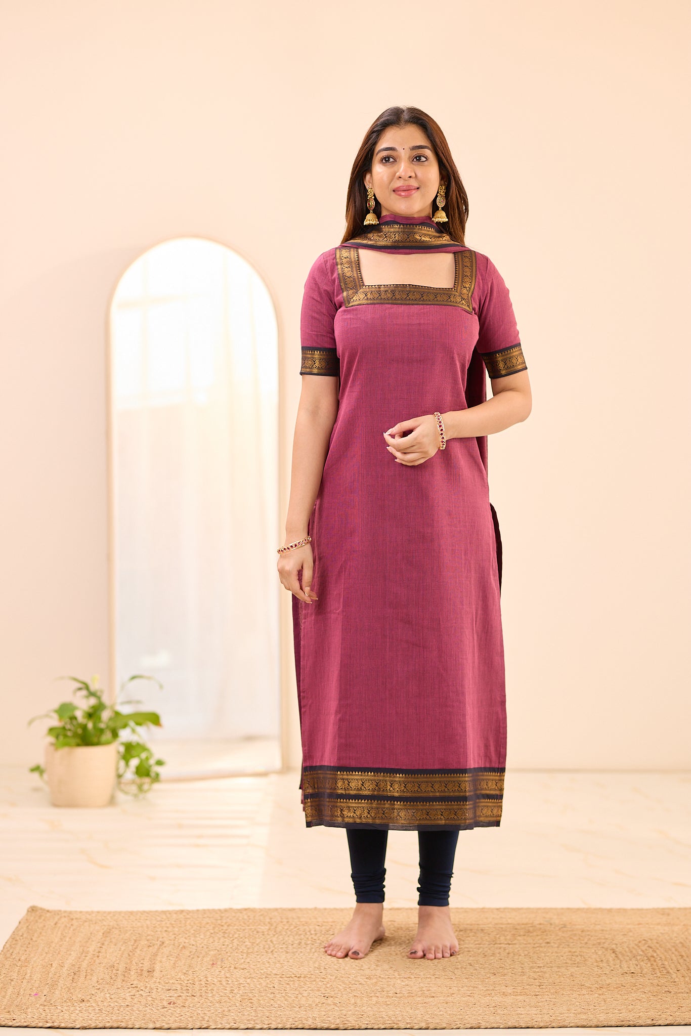 Rosewood Mauve with Black Zari Border Chettinad Cotton Top and Dupatta