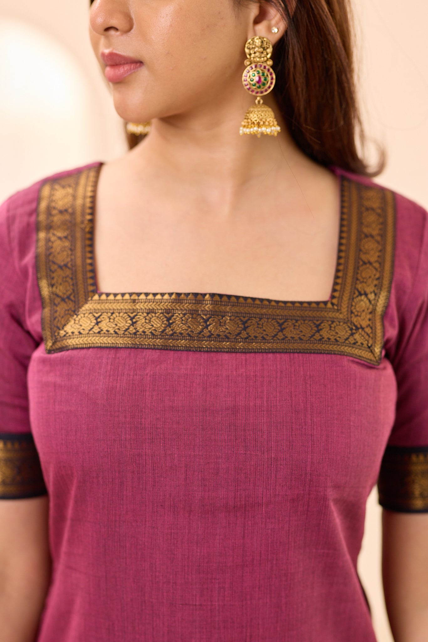 Rosewood Mauve with Black Zari Border Chettinad Cotton Top and Dupatta