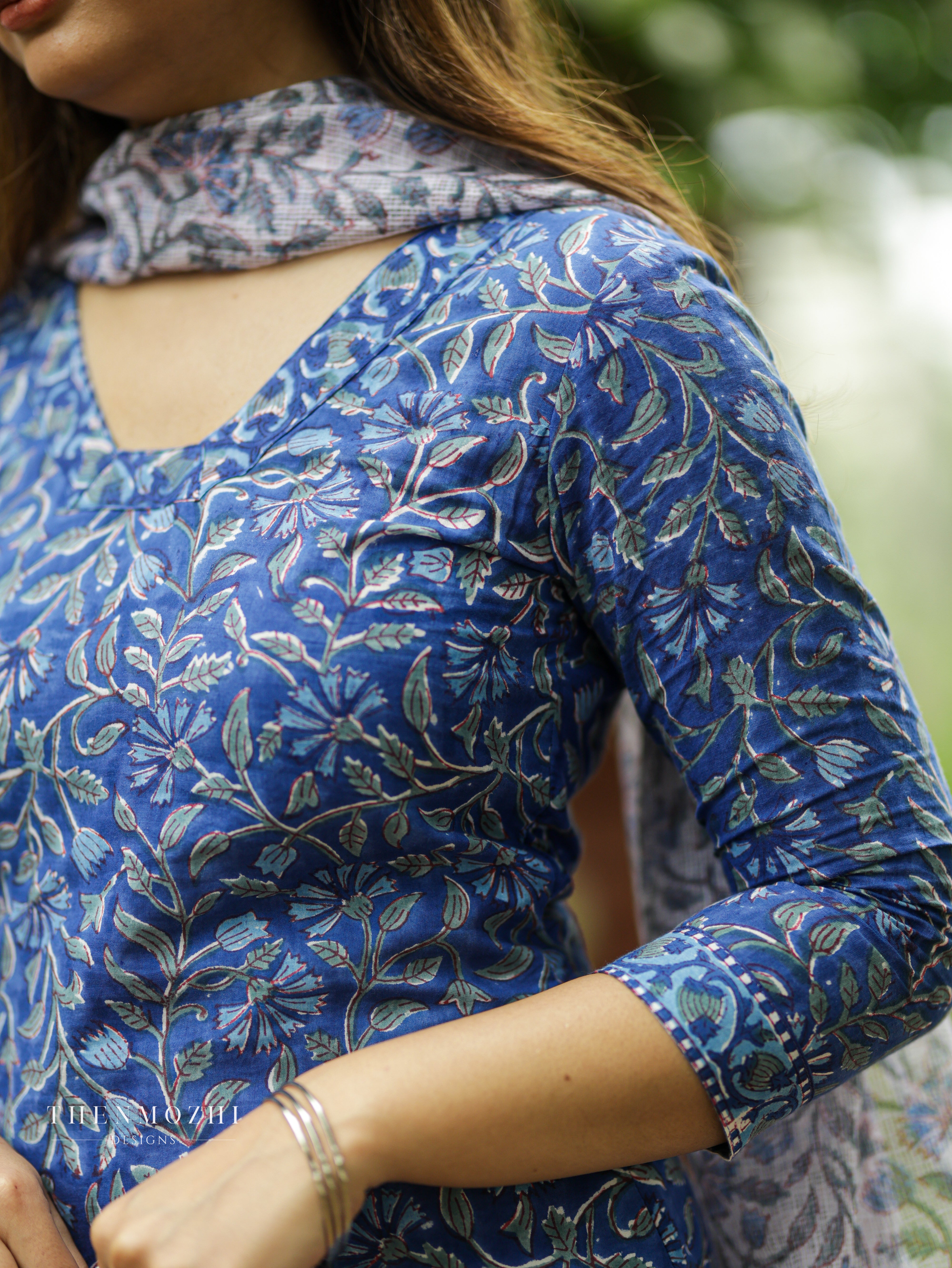 Back Corset-Style Lacing Royal blue block printed salwar suit
