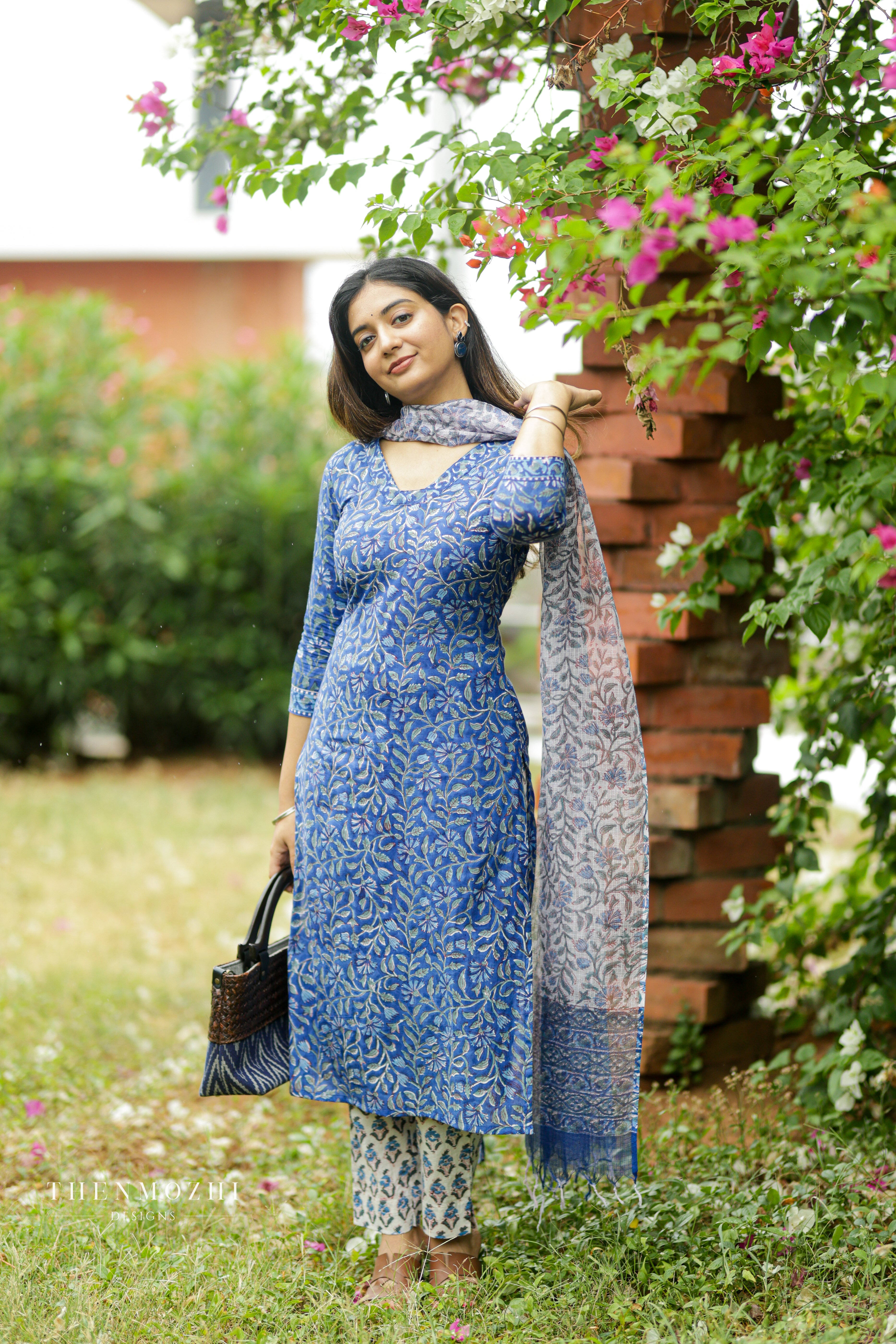 Back Corset-Style Lacing Royal blue block printed salwar suit
