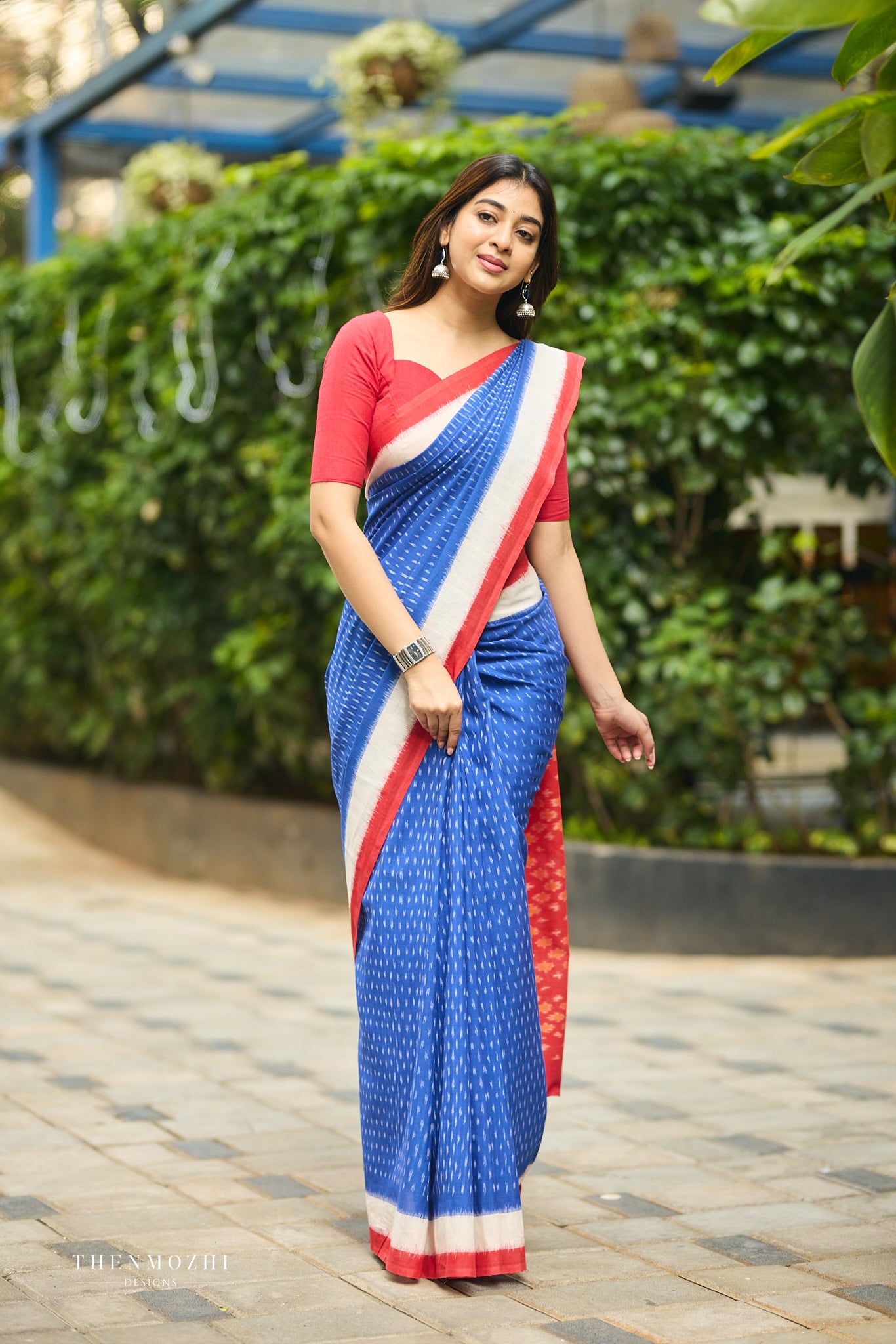 Royal Blue With Bright Red Ikkat Cotton Saree