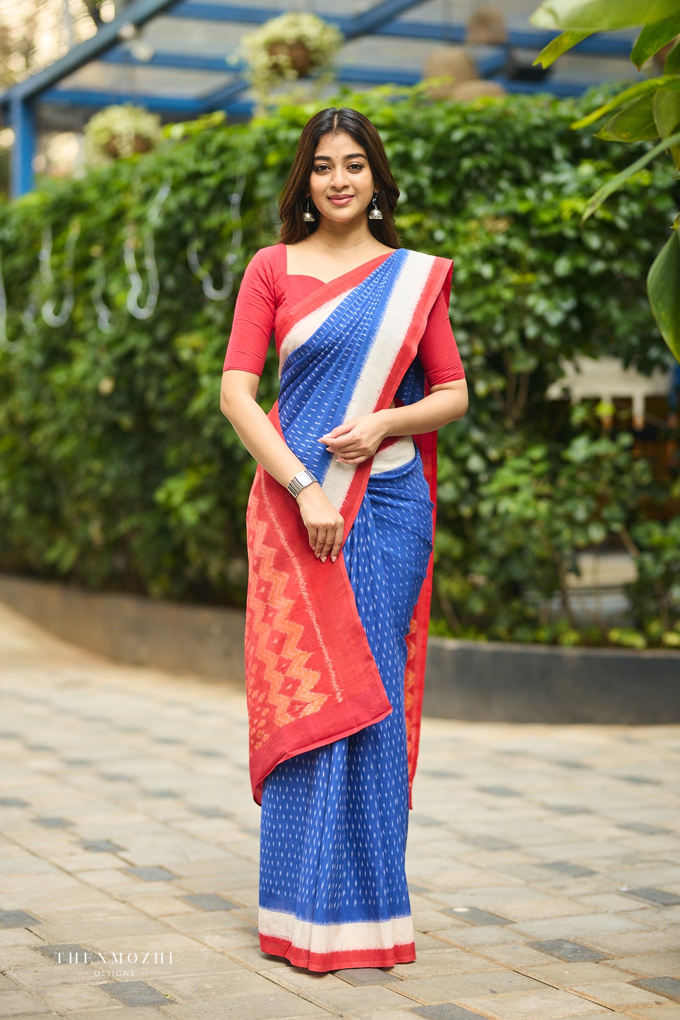 Royal Blue With Bright Red Ikkat Cotton Saree