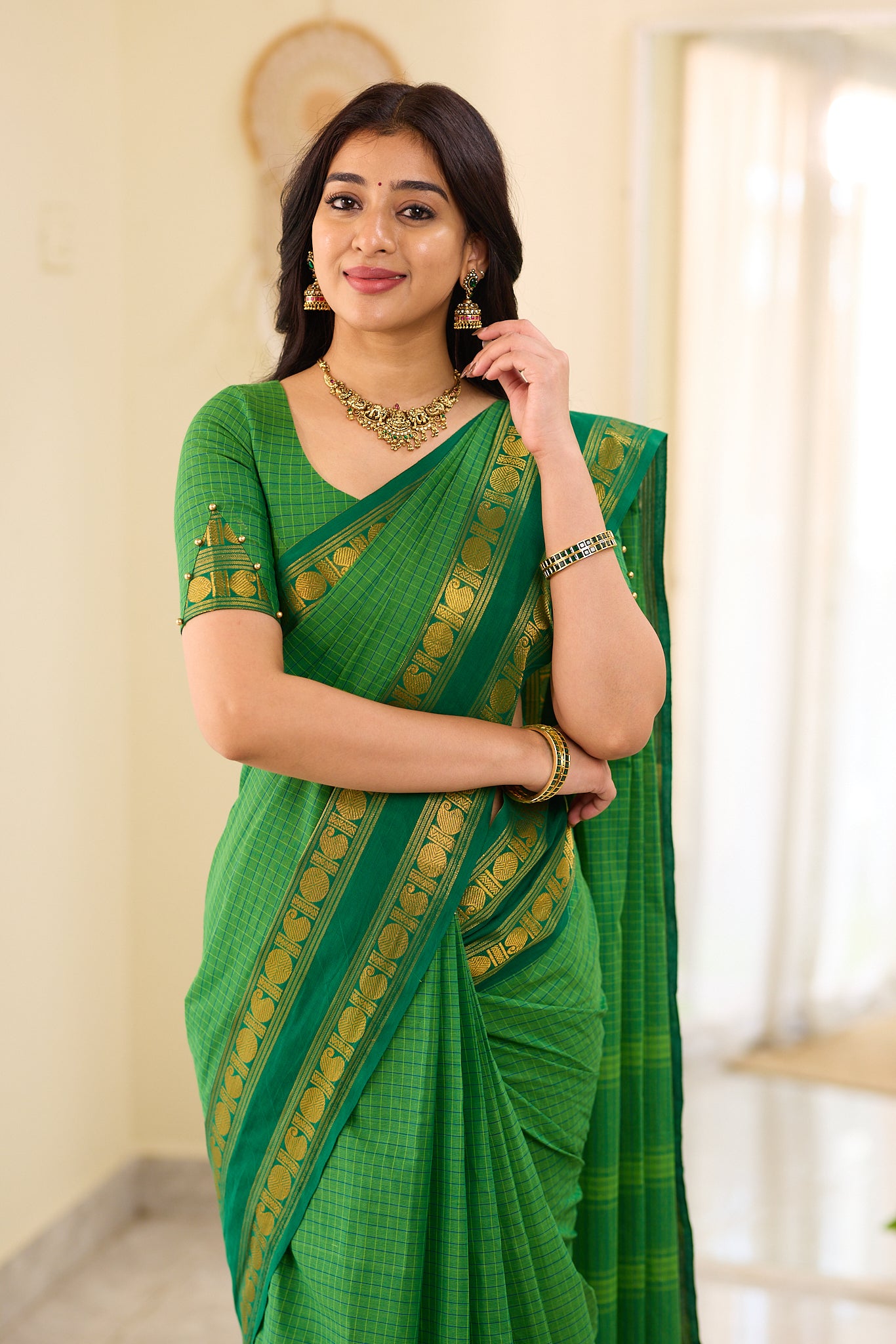 Royal Bottle Green Checked Chettinad Cotton Saree