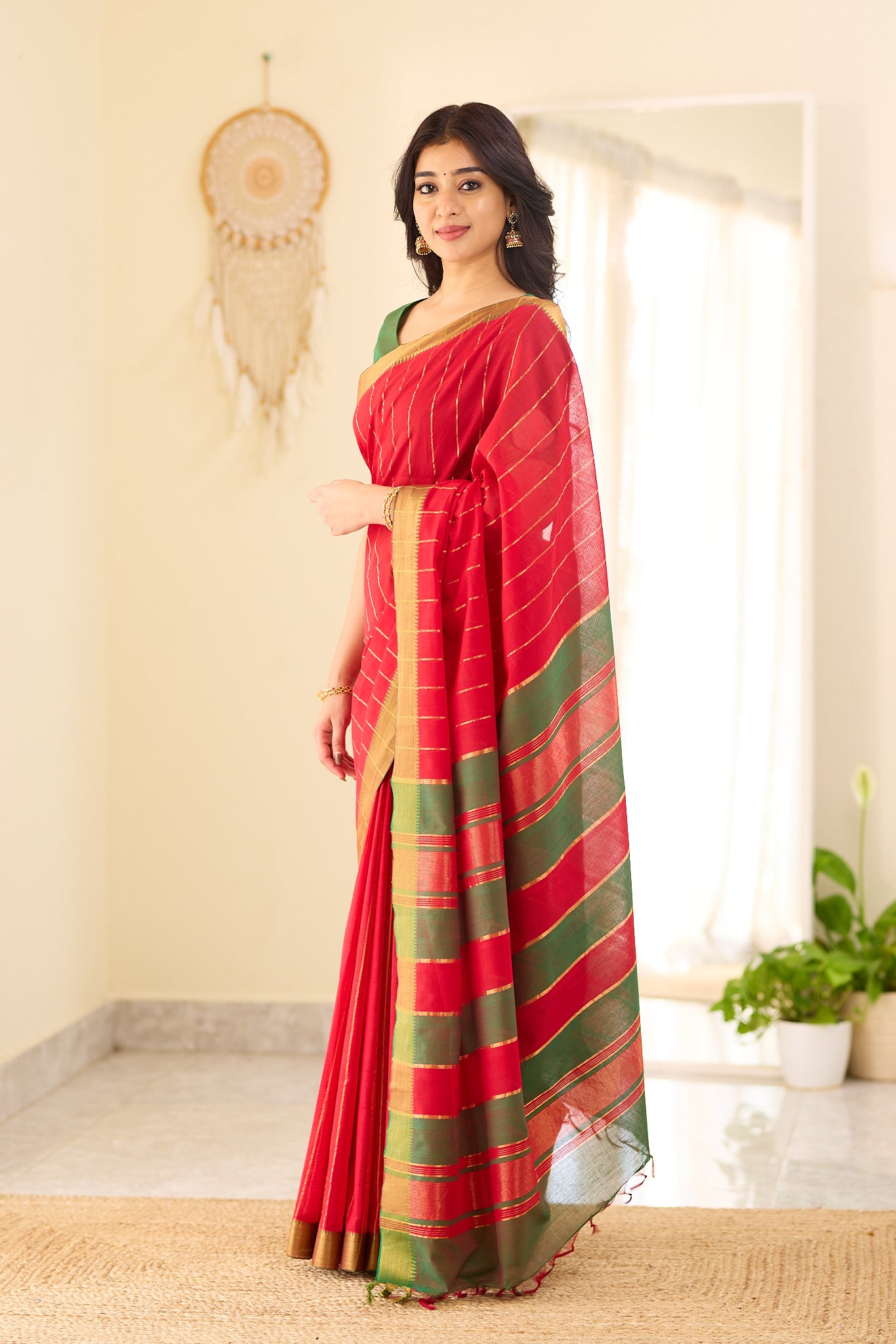 Royal Red with Antique Gold Stripes Mangalagiri Cotton Saree