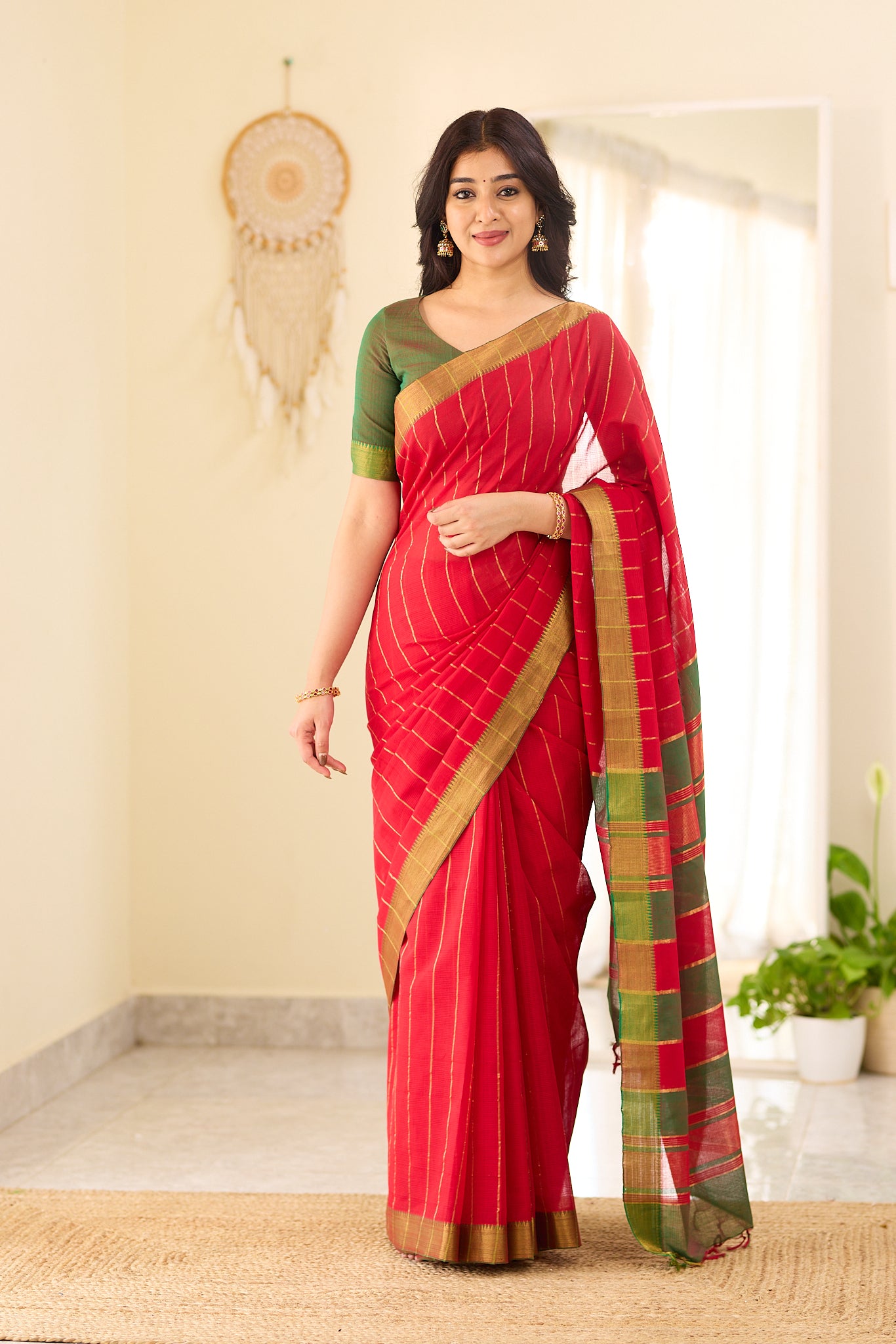 Royal Red with Antique Gold Stripes Mangalagiri Cotton Saree