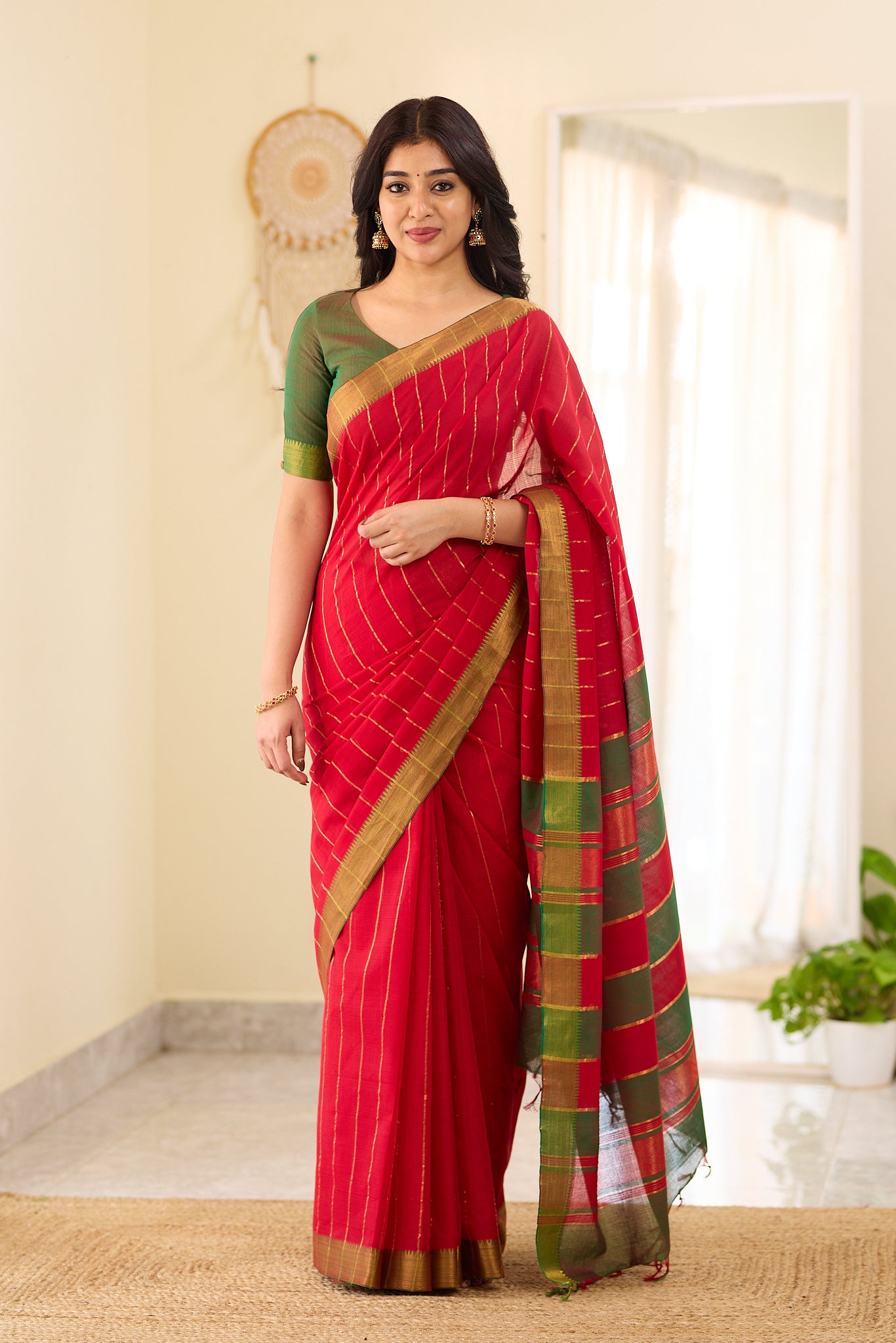 Royal Red with Antique Gold Stripes Mangalagiri Cotton Saree
