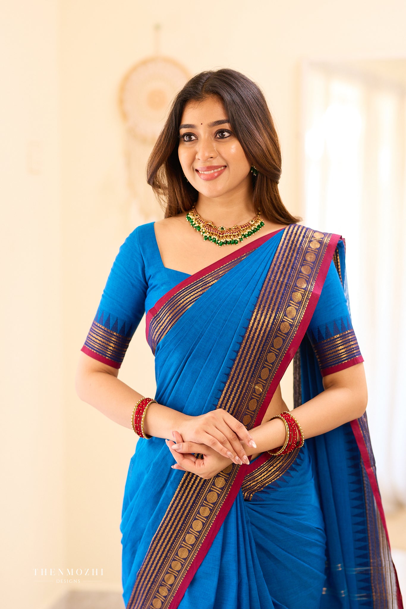 Royal blue and deep pink border Chettinad cotton Blouse