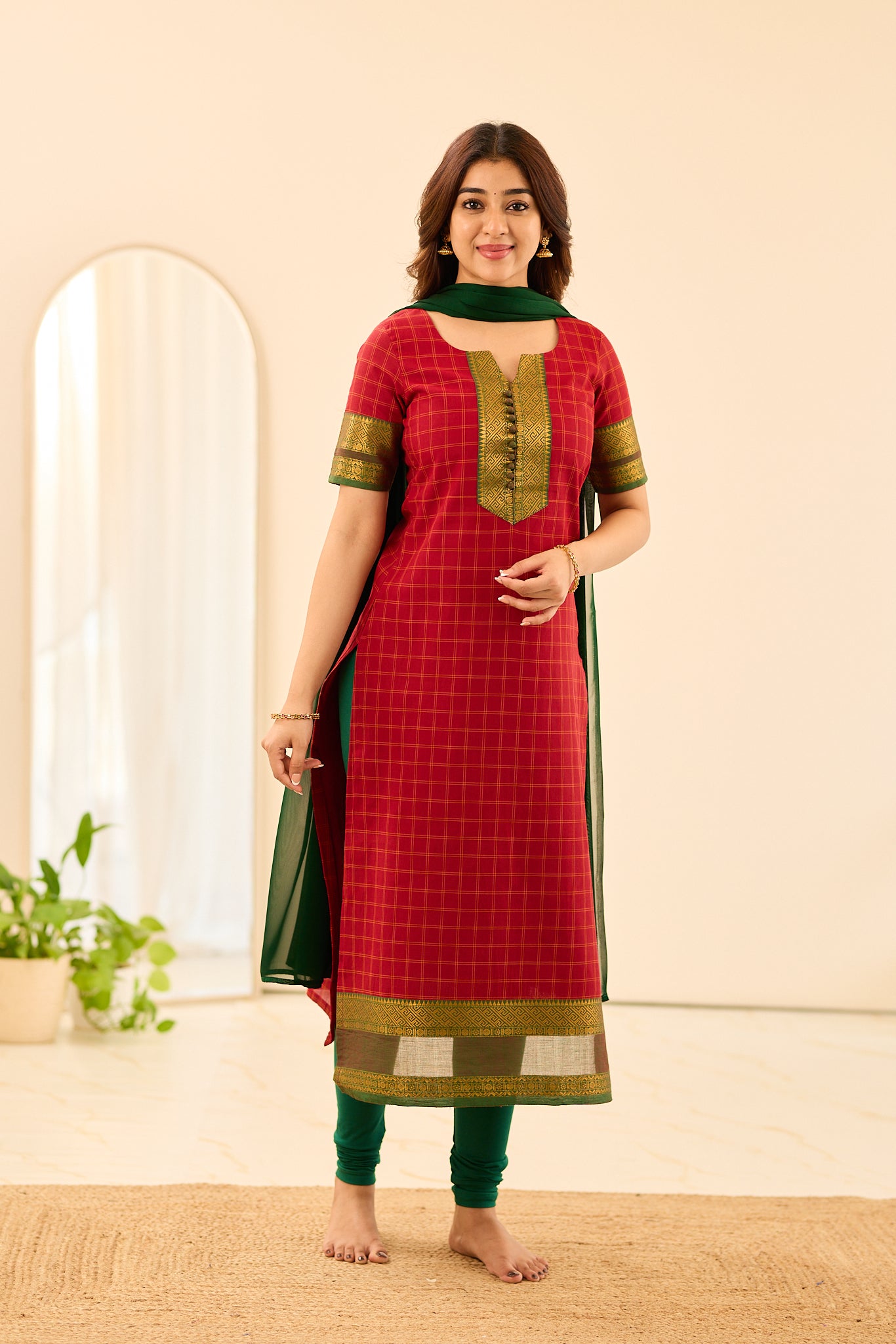 Rust Red Checked Chettinad Cotton Salwar