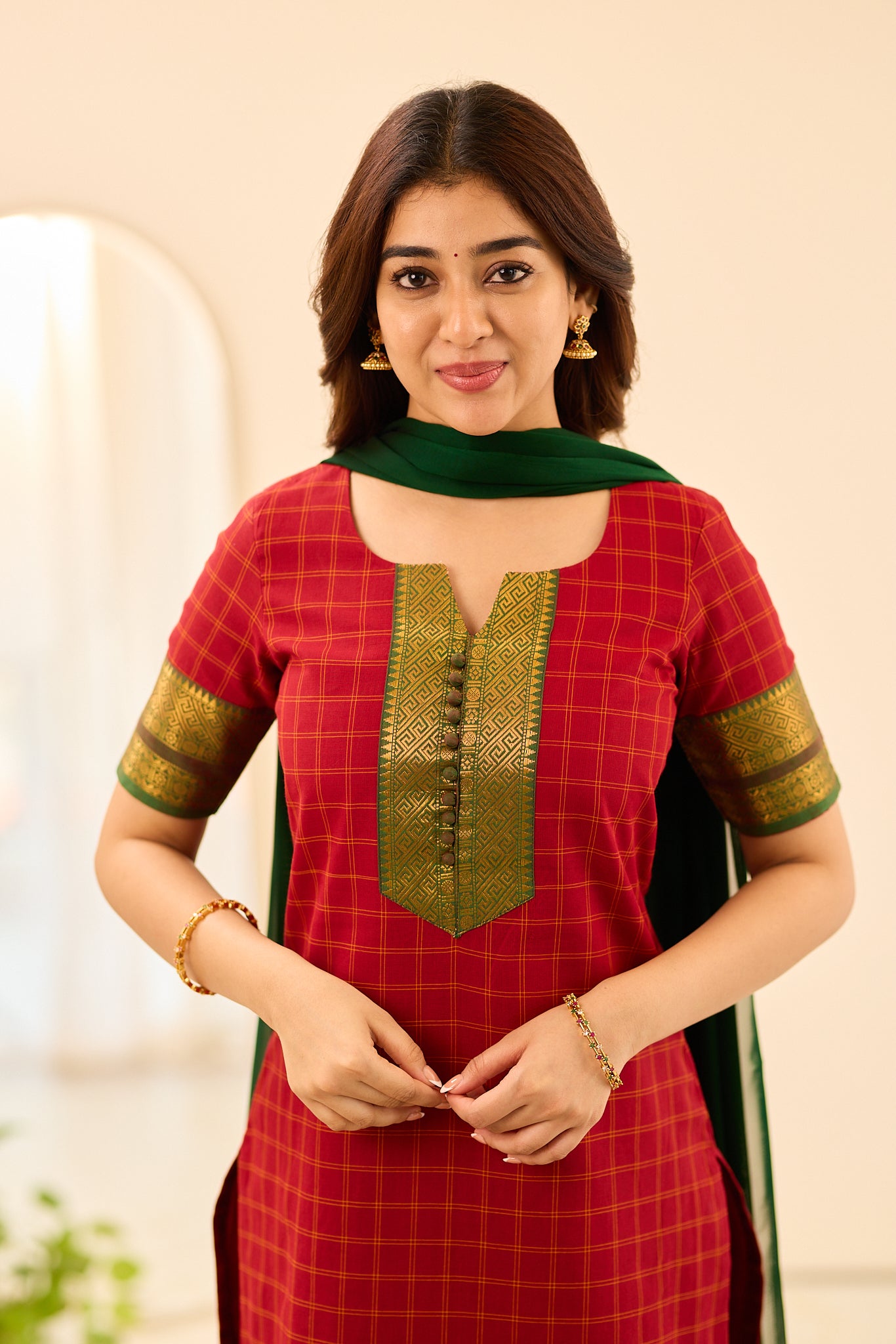 Rust Red Checked Chettinad Cotton Salwar