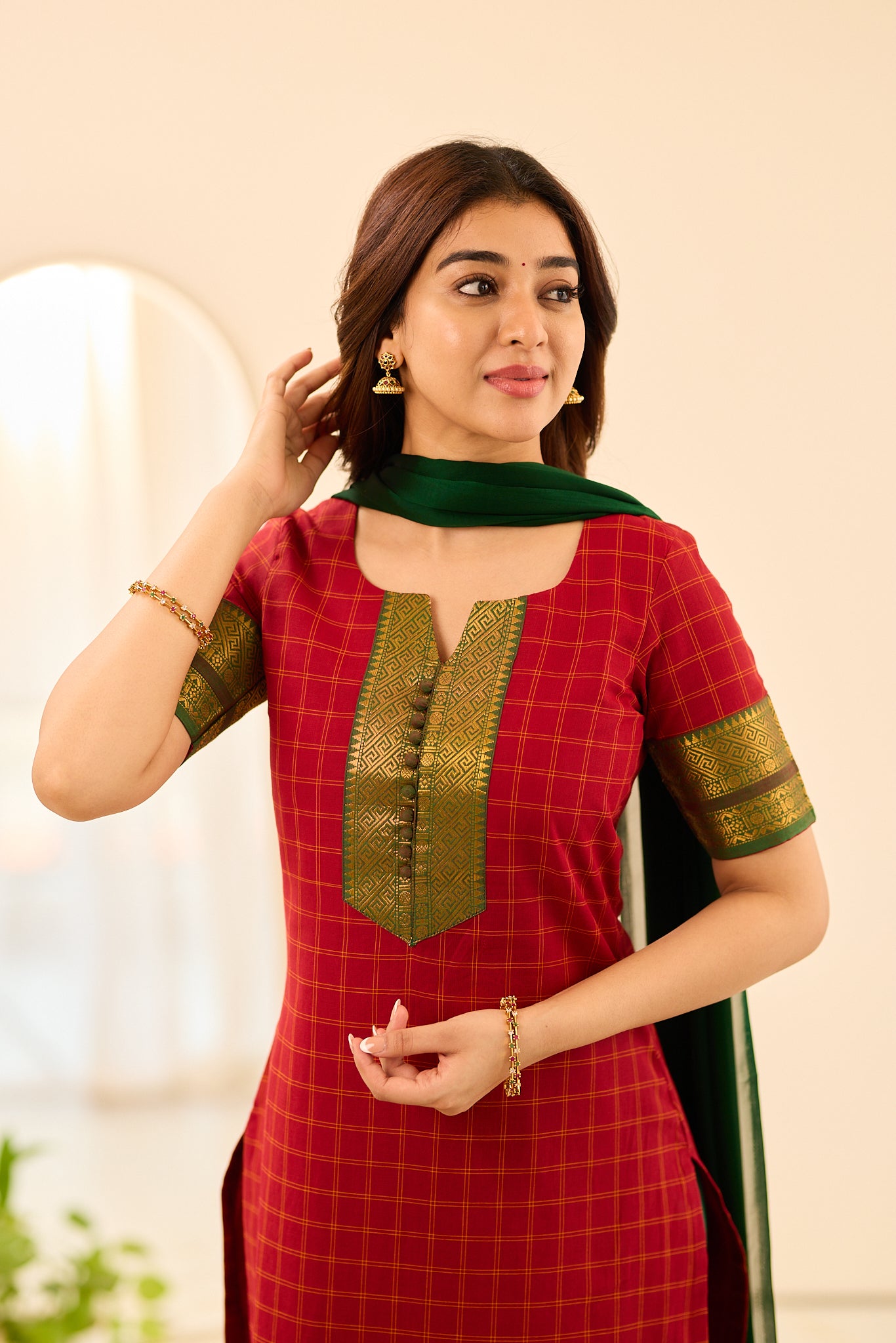 Rust Red Checked Chettinad Cotton Salwar