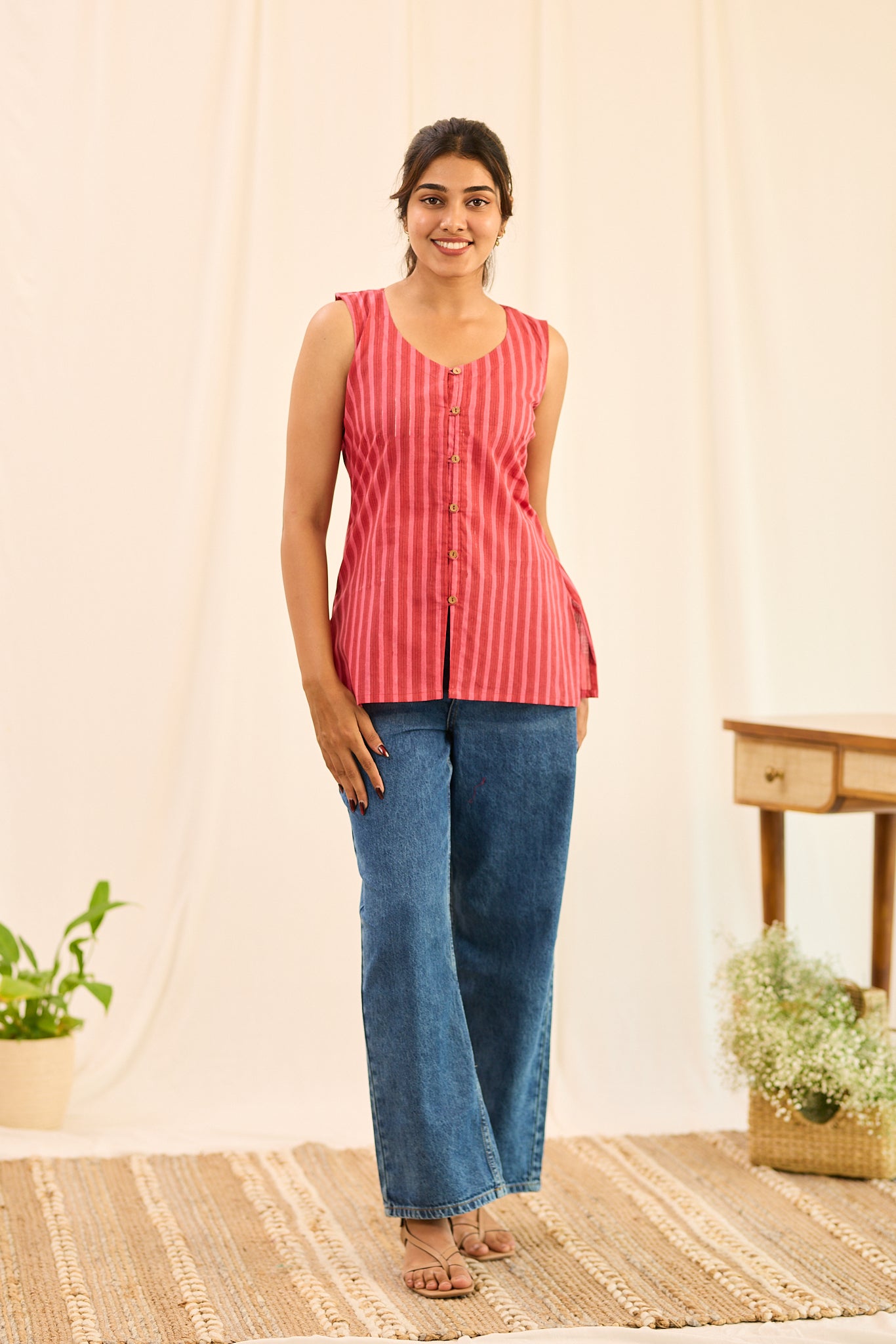 Rust Red Striped Sleeveless Cotton Short Kurti