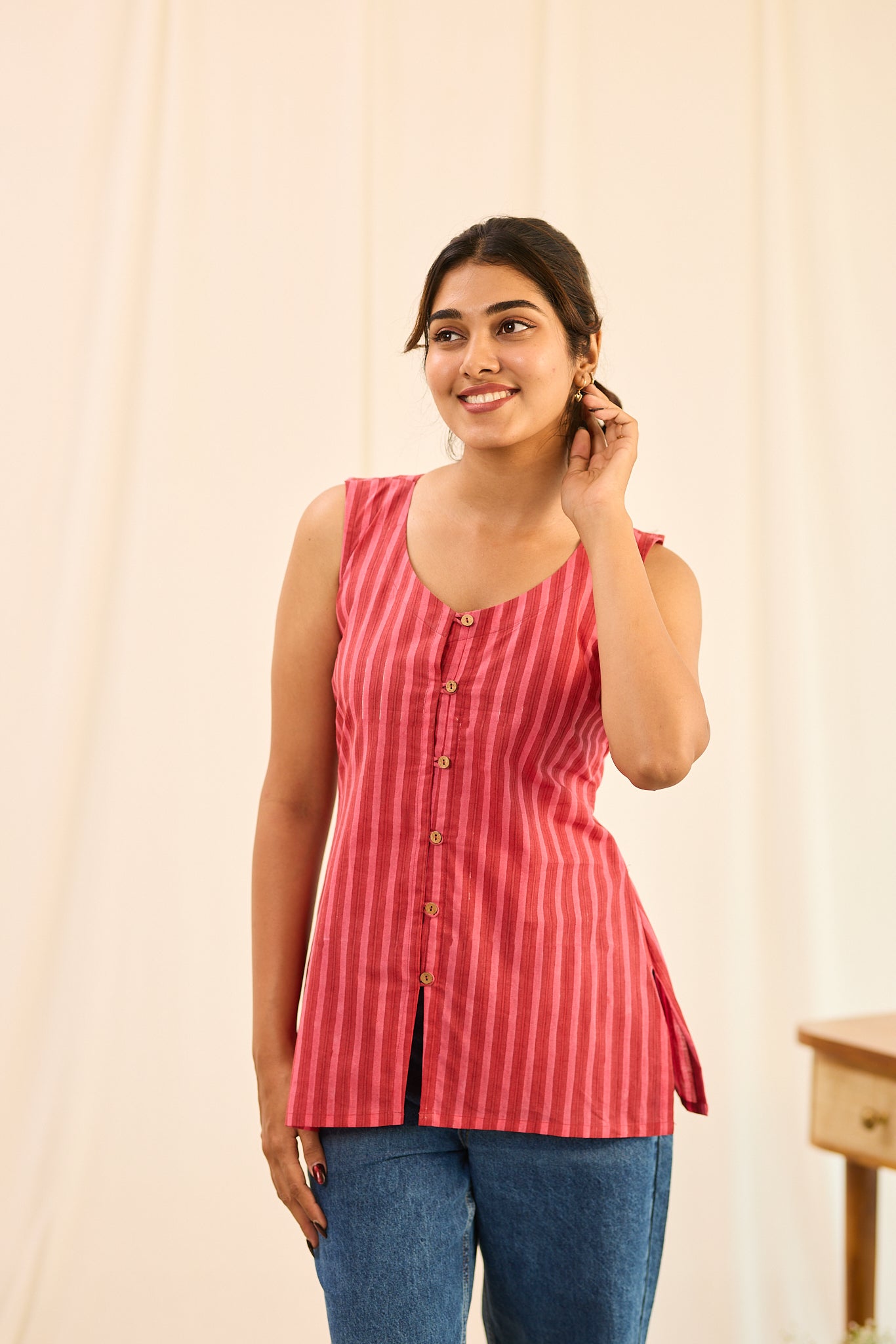 Rust Red Striped Sleeveless Cotton Short Kurti