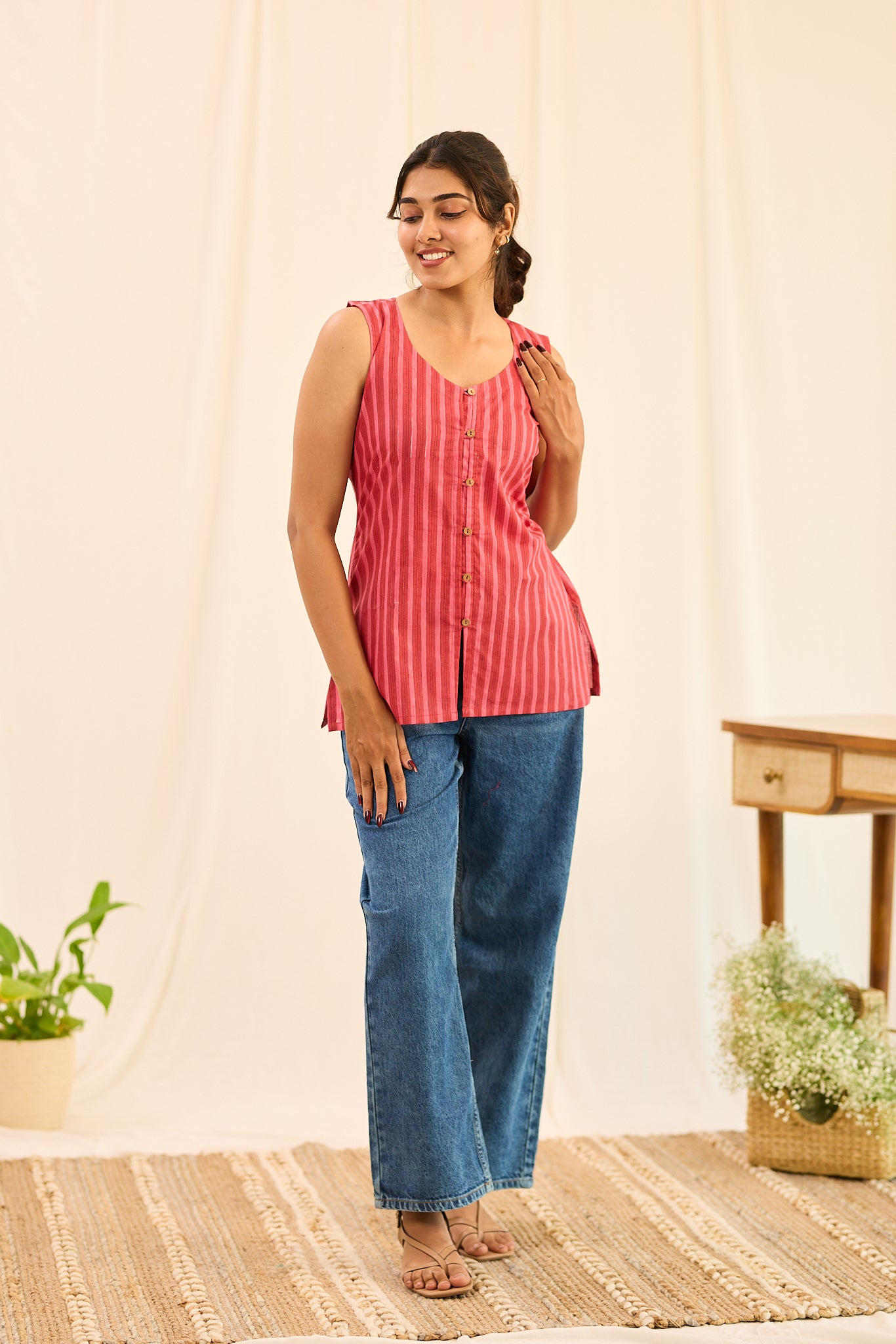 Rust Red Striped Sleeveless Cotton Short Kurti