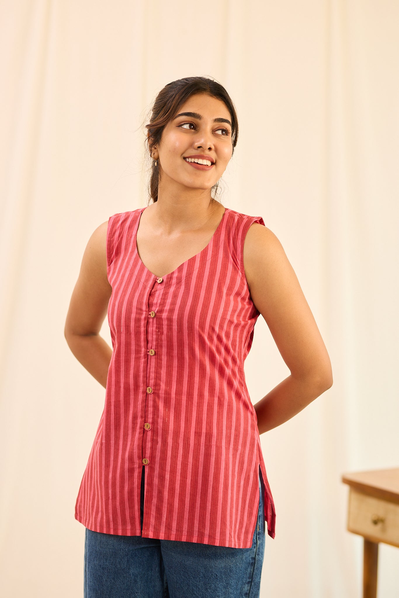 Rust Red Striped Sleeveless Cotton Short Kurti