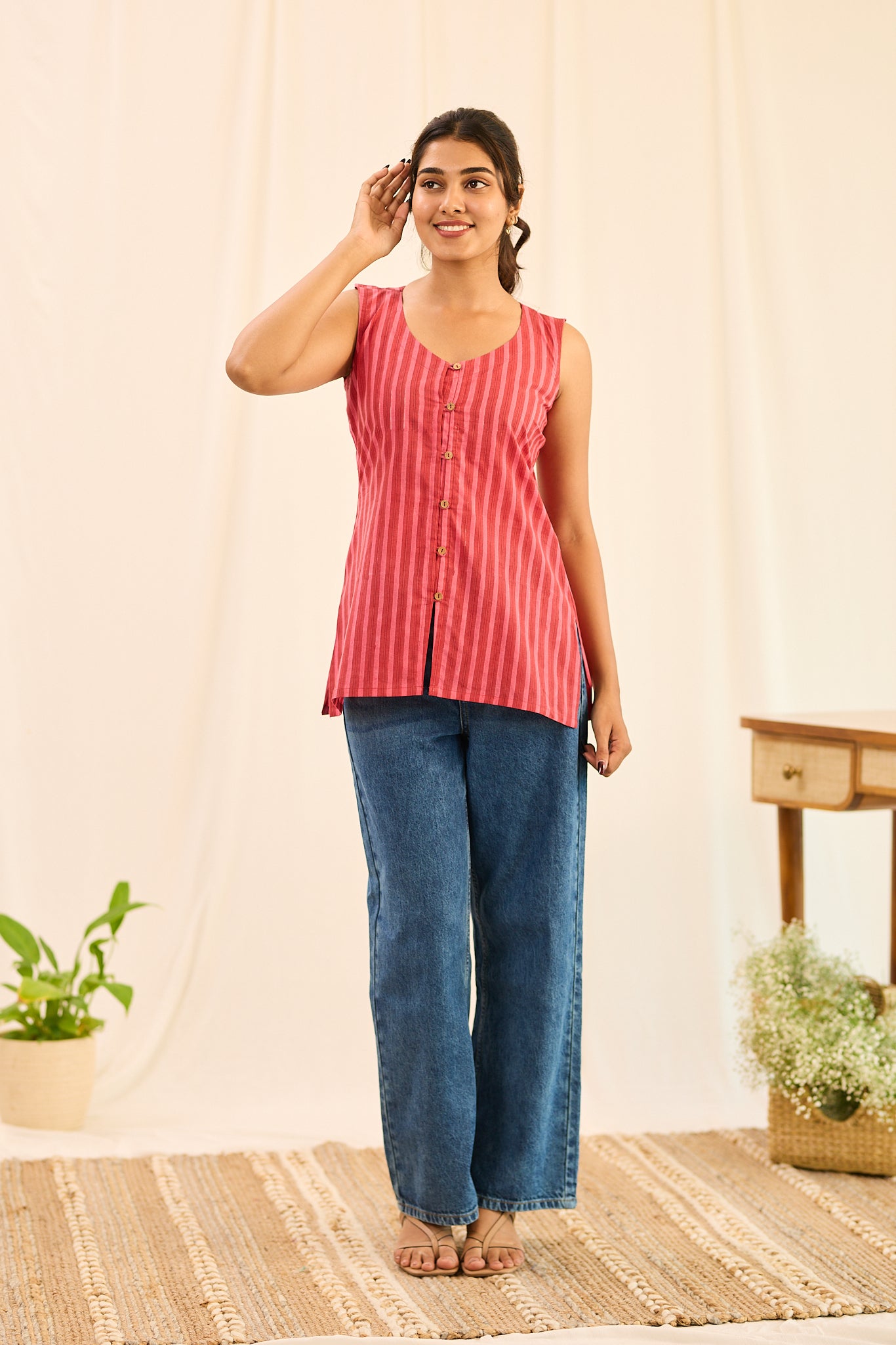Rust Red Striped Sleeveless Cotton Short Kurti