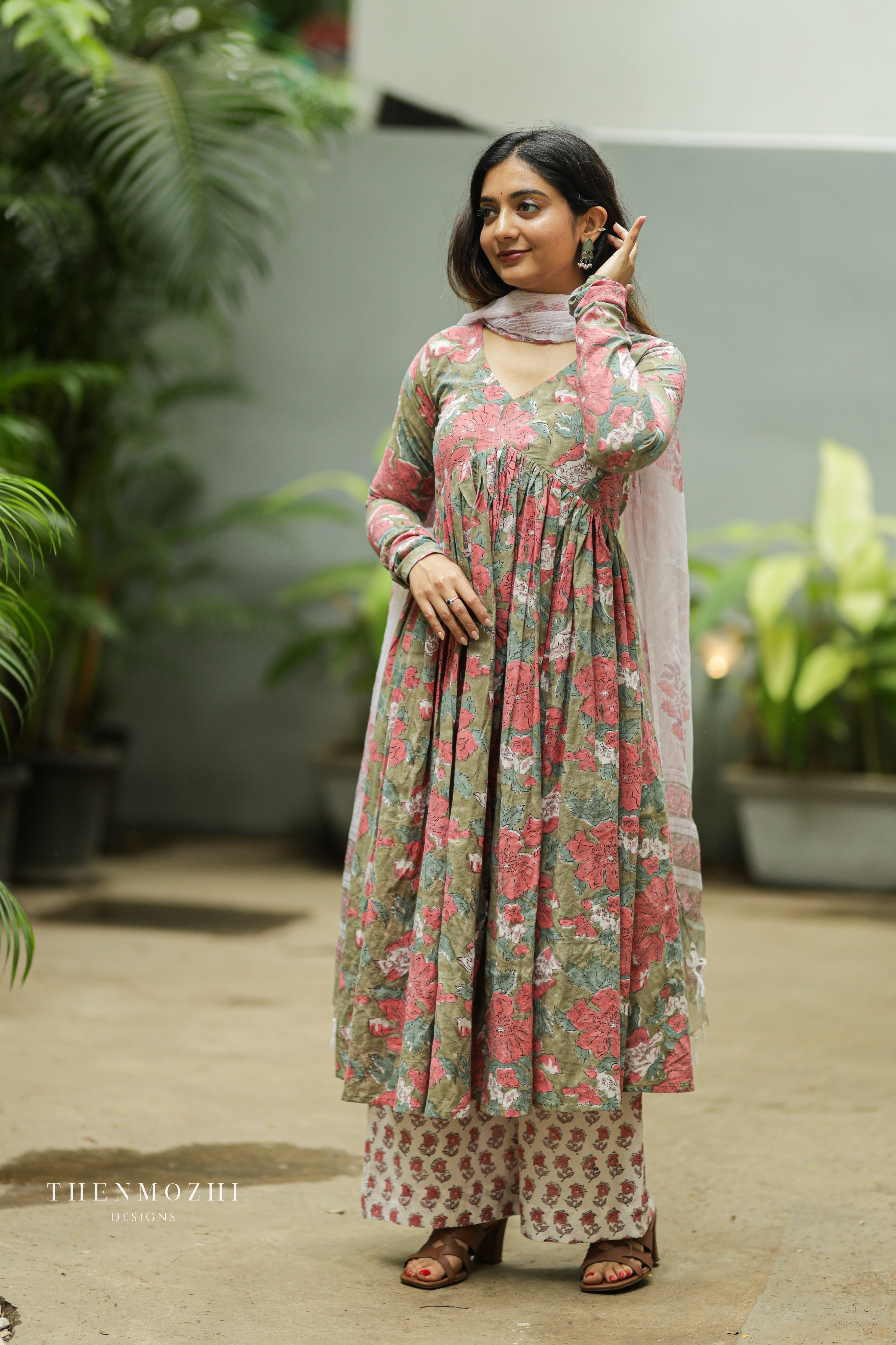 Sage green block printed Alia cut suit set