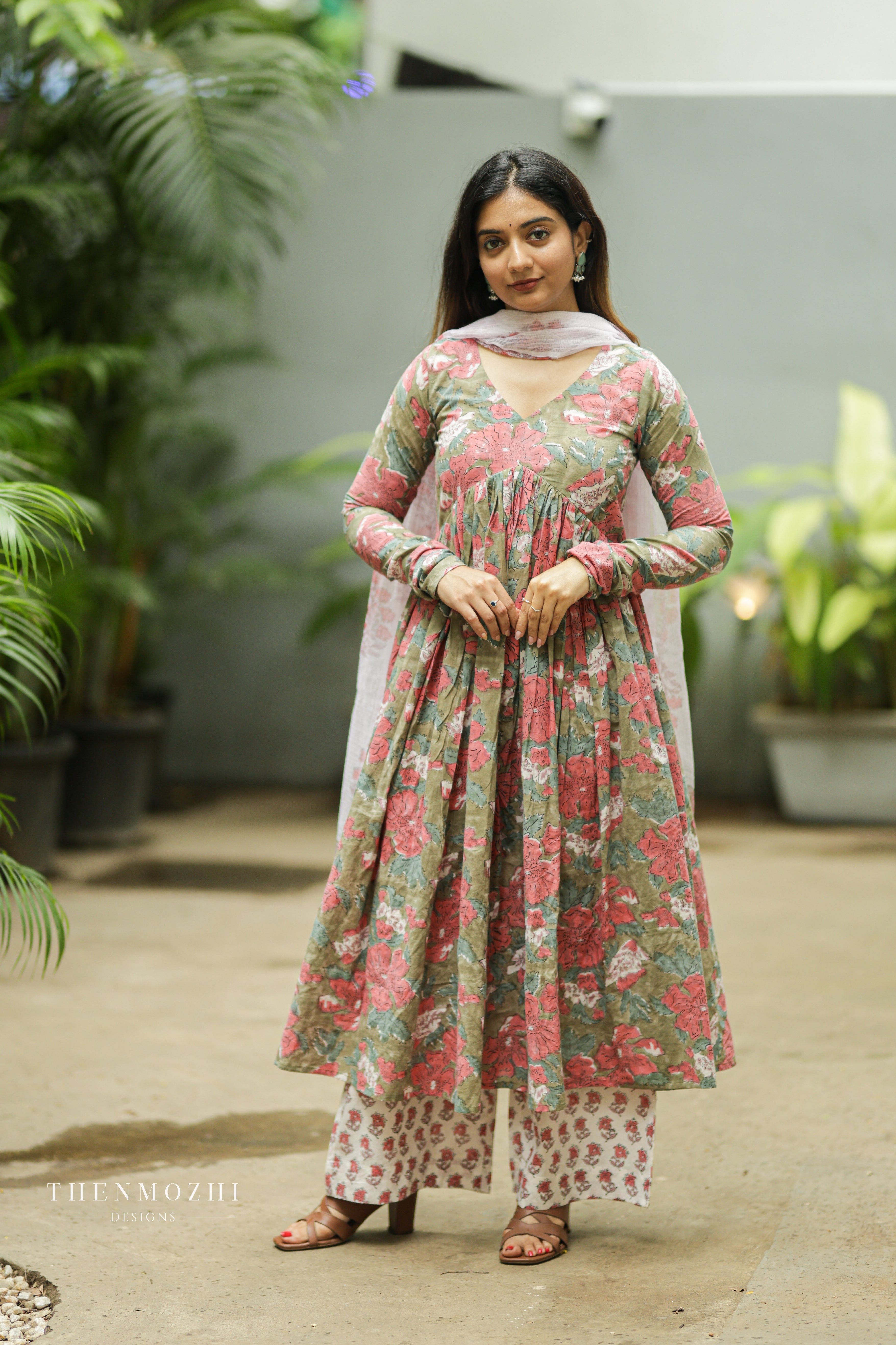 Sage green block printed Alia cut suit set