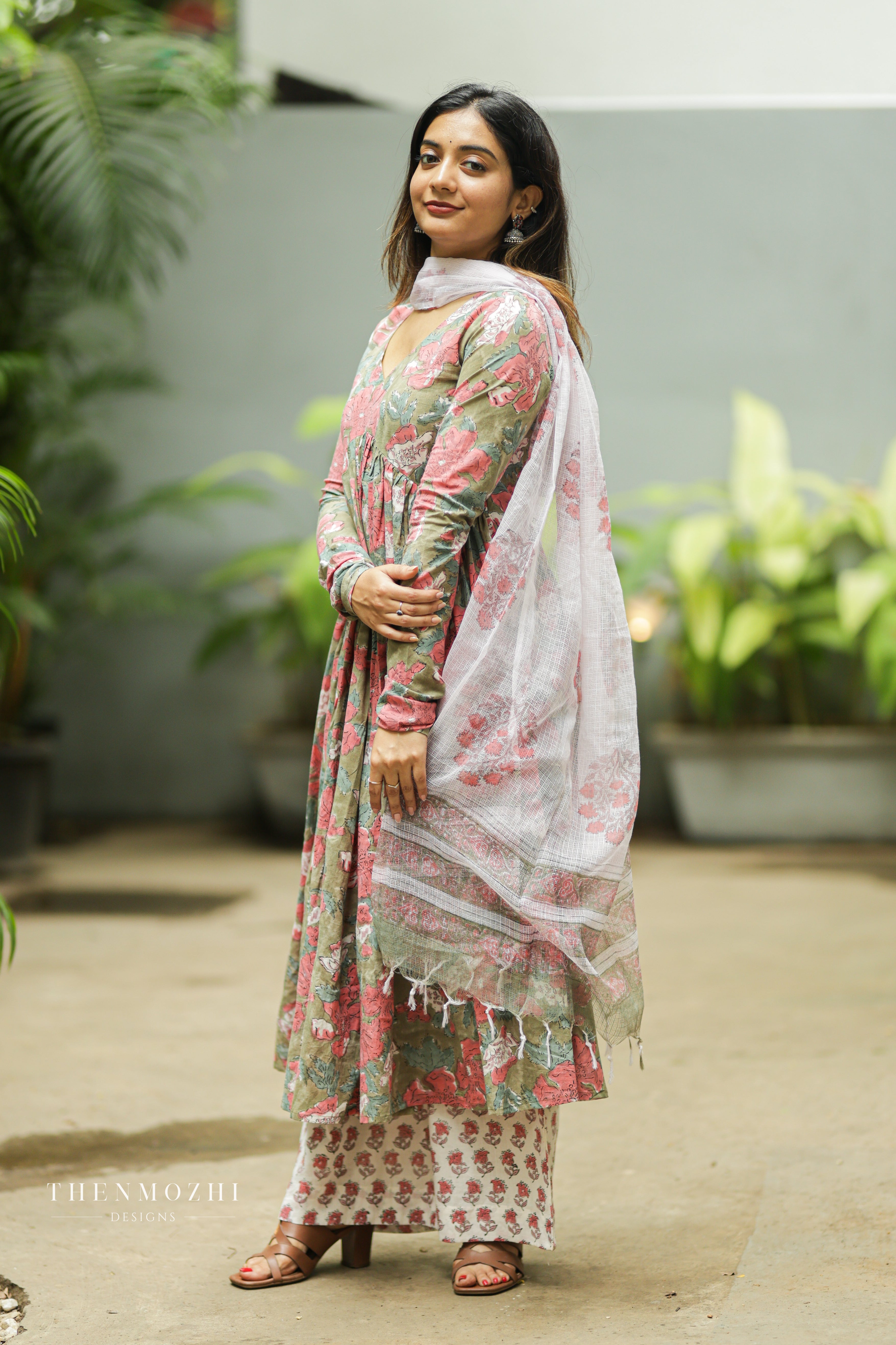 Sage green block printed Alia cut suit set