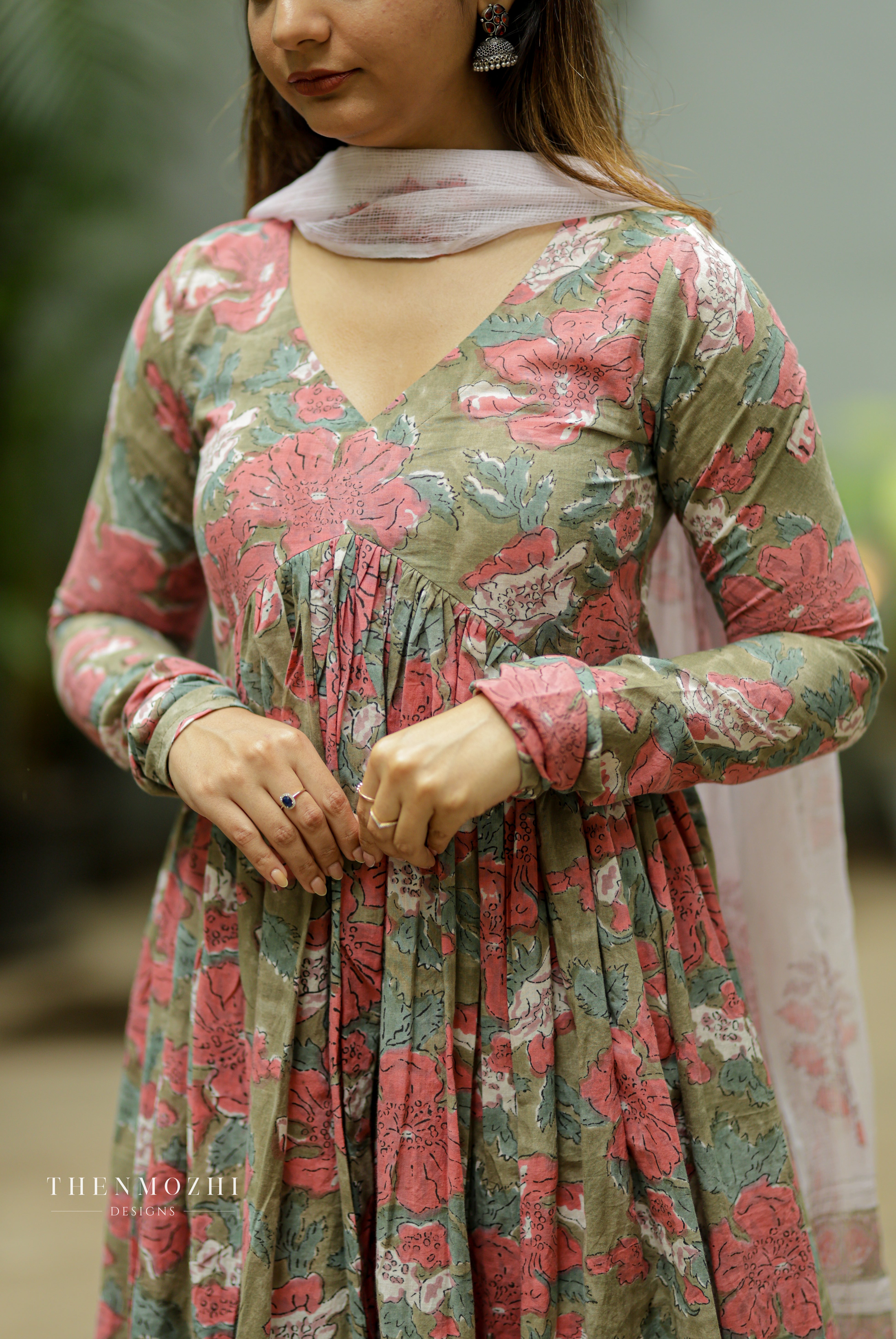 Sage green block printed Alia cut suit set