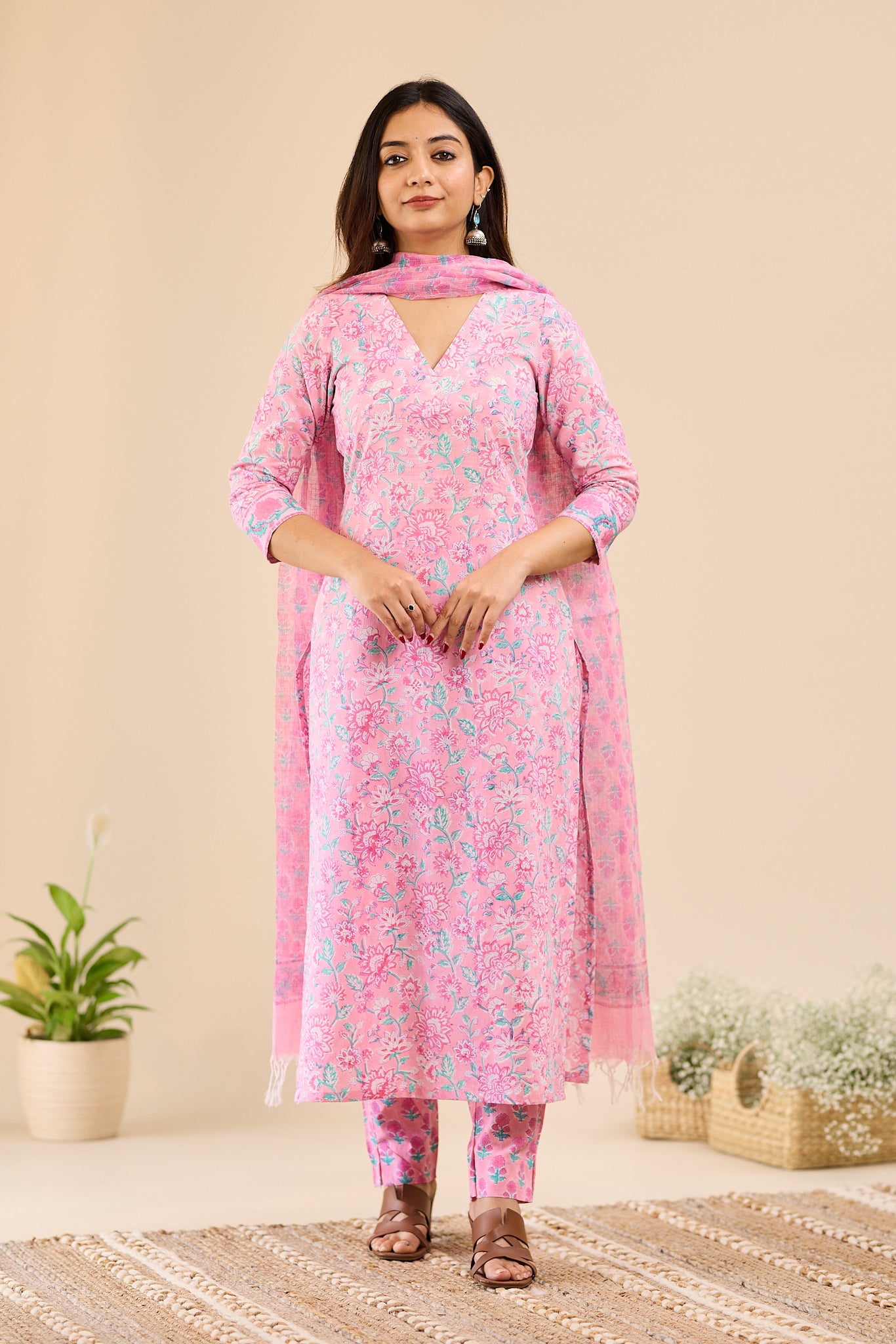 Soft Blush Pink Floral printed Cotton Salwar-Suit with Kota Dupatta