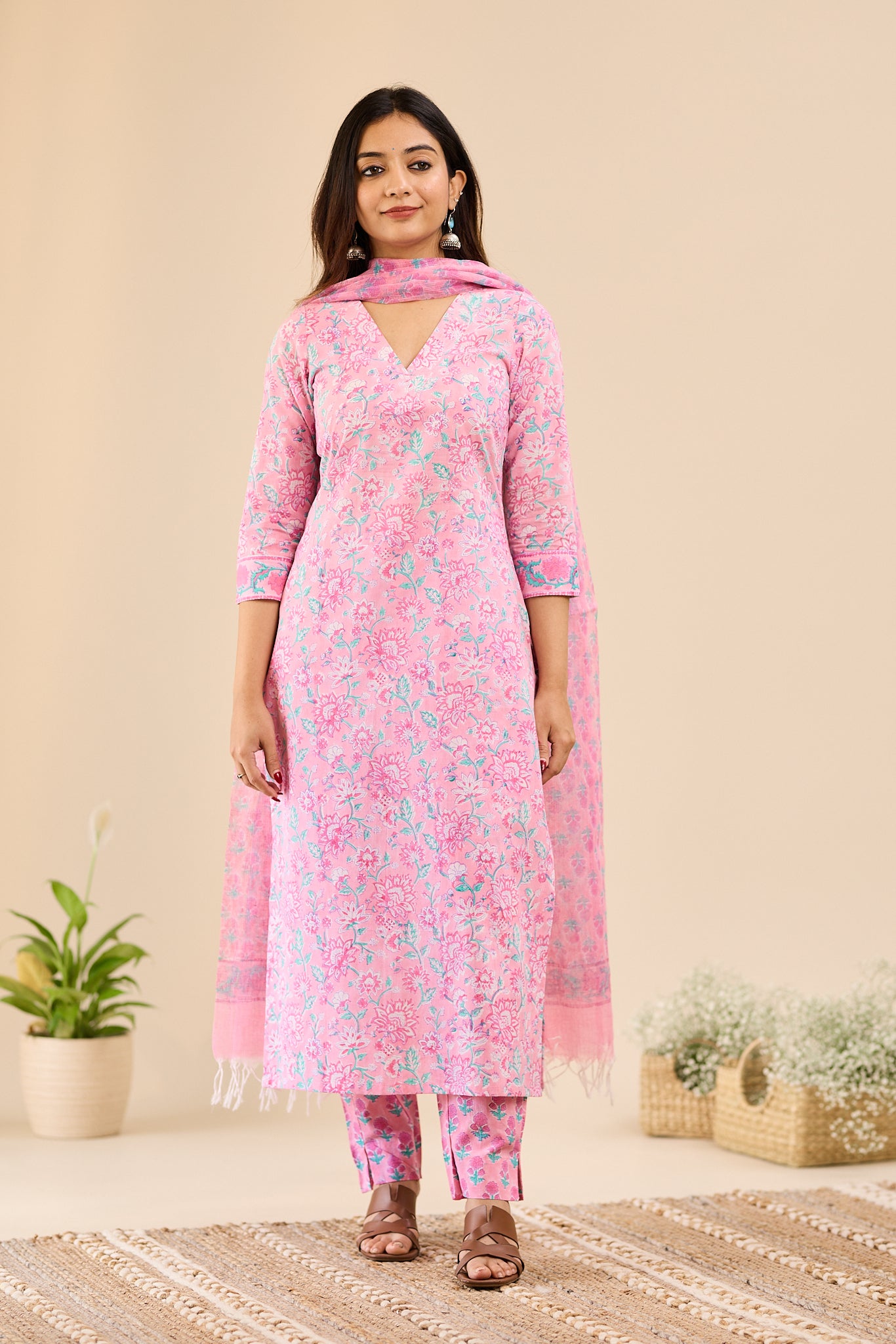Soft Blush Pink Floral printed Cotton Salwar-Suit with Kota Dupatta