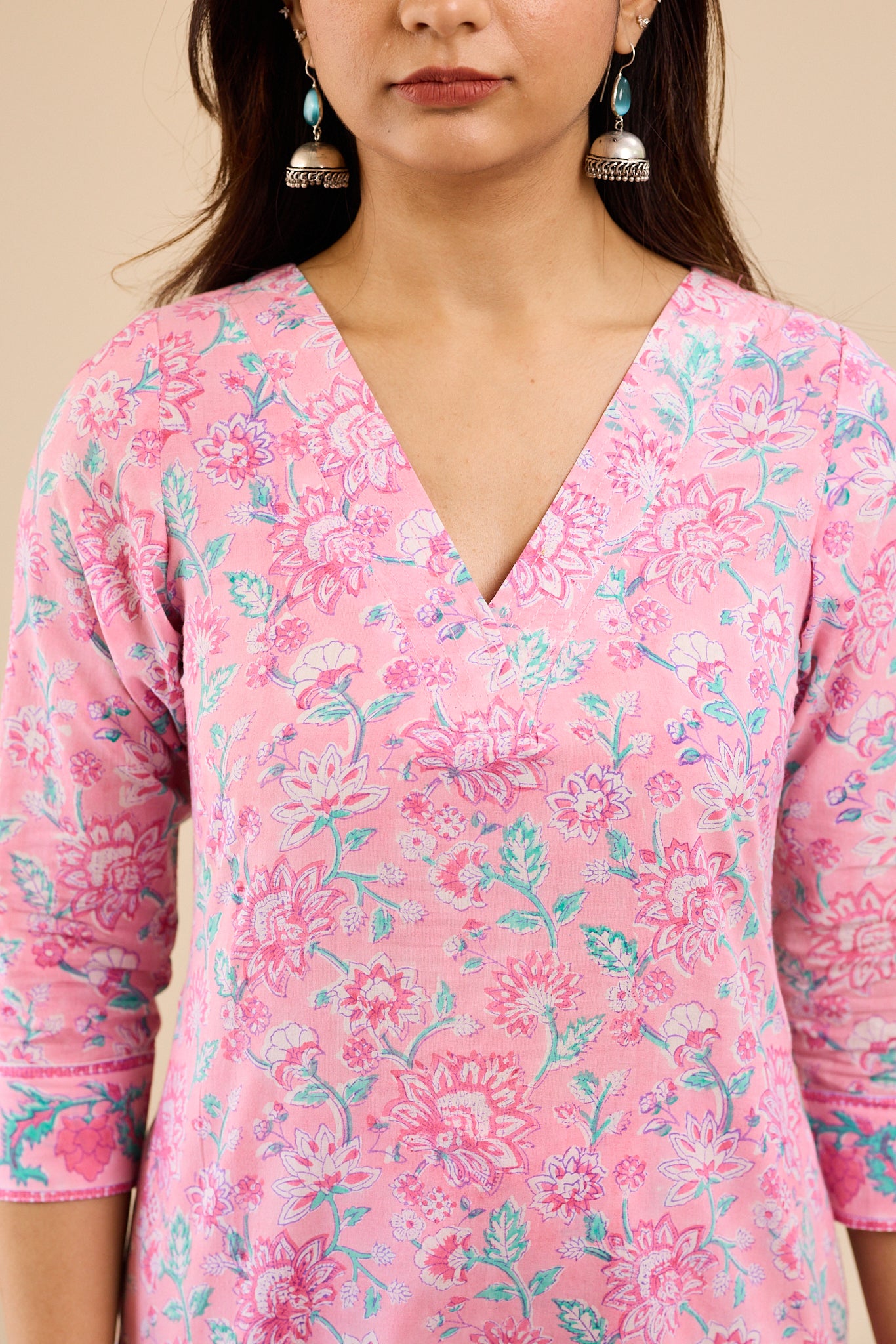 Soft Blush Pink Floral printed Cotton Salwar-Suit with Kota Dupatta