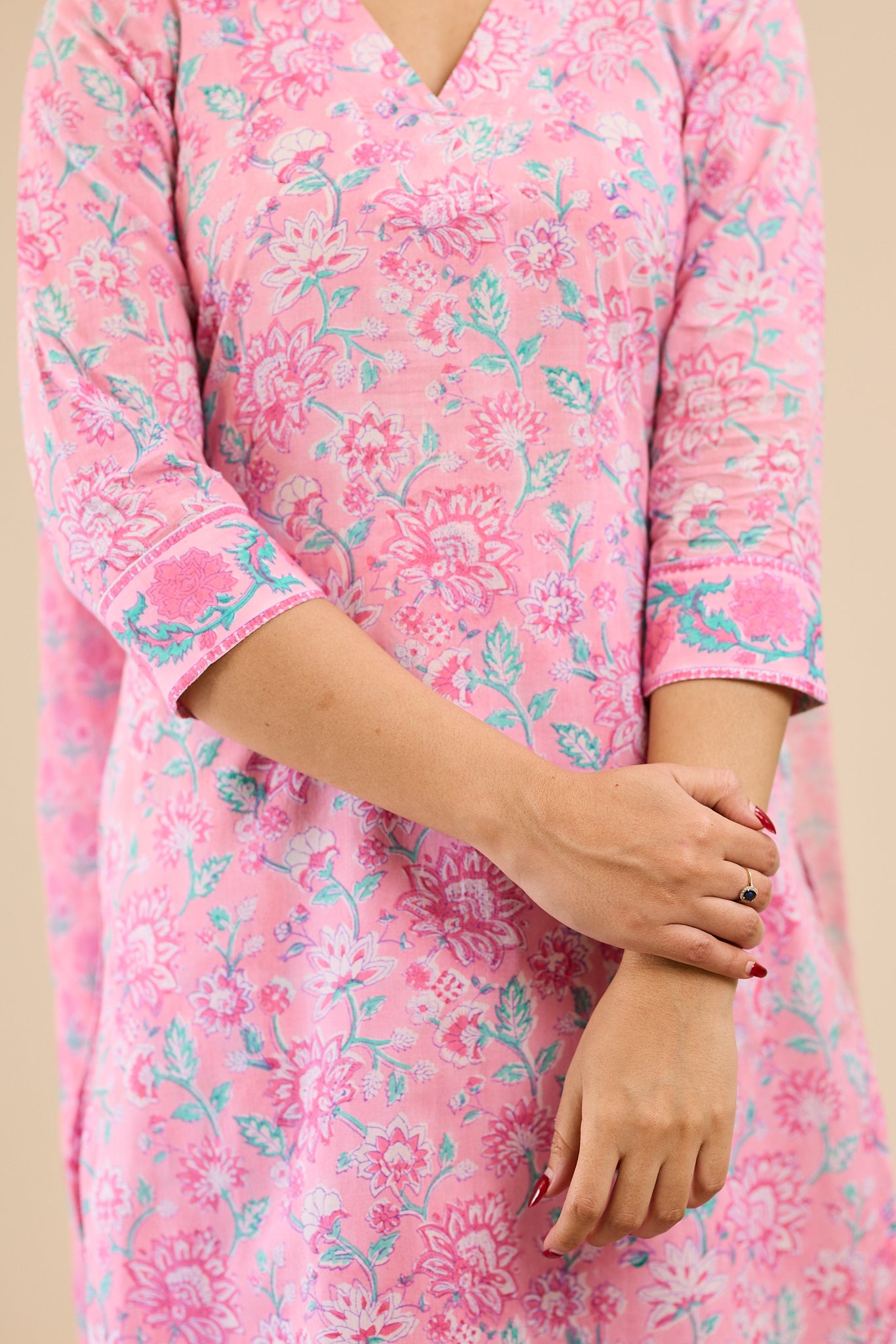 Soft Blush Pink Floral printed Cotton Salwar-Suit with Kota Dupatta
