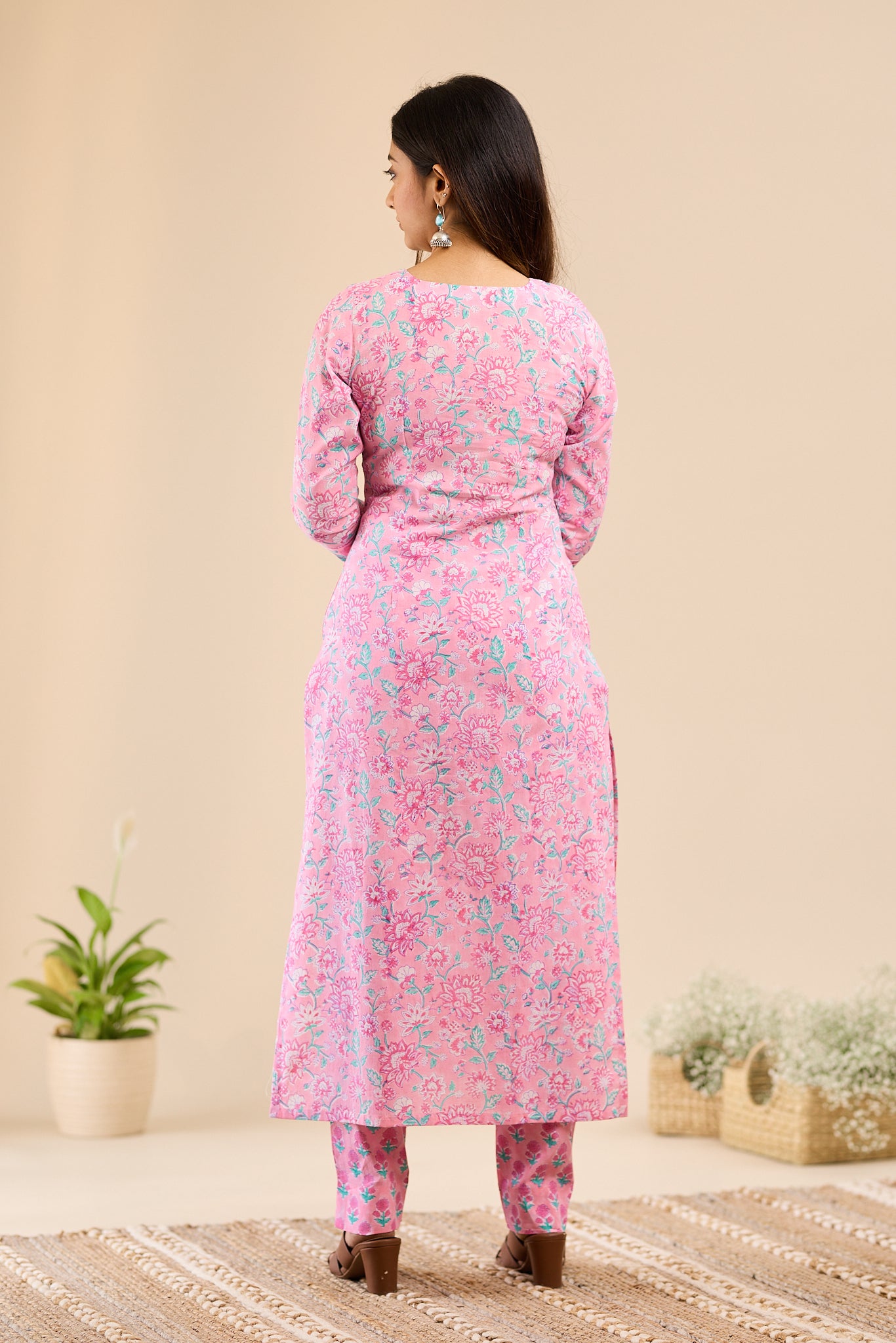 Soft Blush Pink Floral printed Cotton Salwar-Suit with Kota Dupatta