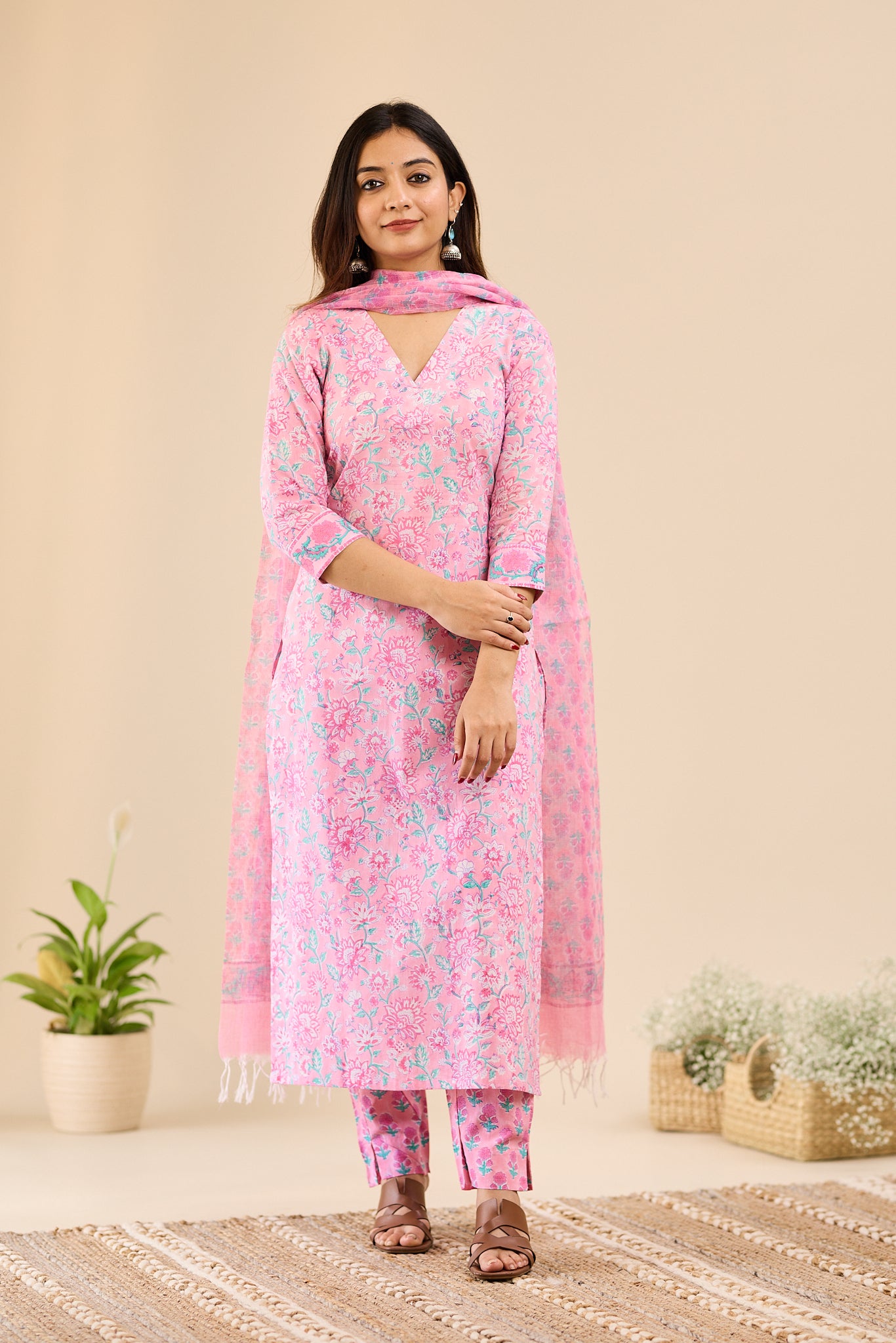 Soft Blush Pink Floral printed Cotton Salwar-Suit with Kota Dupatta