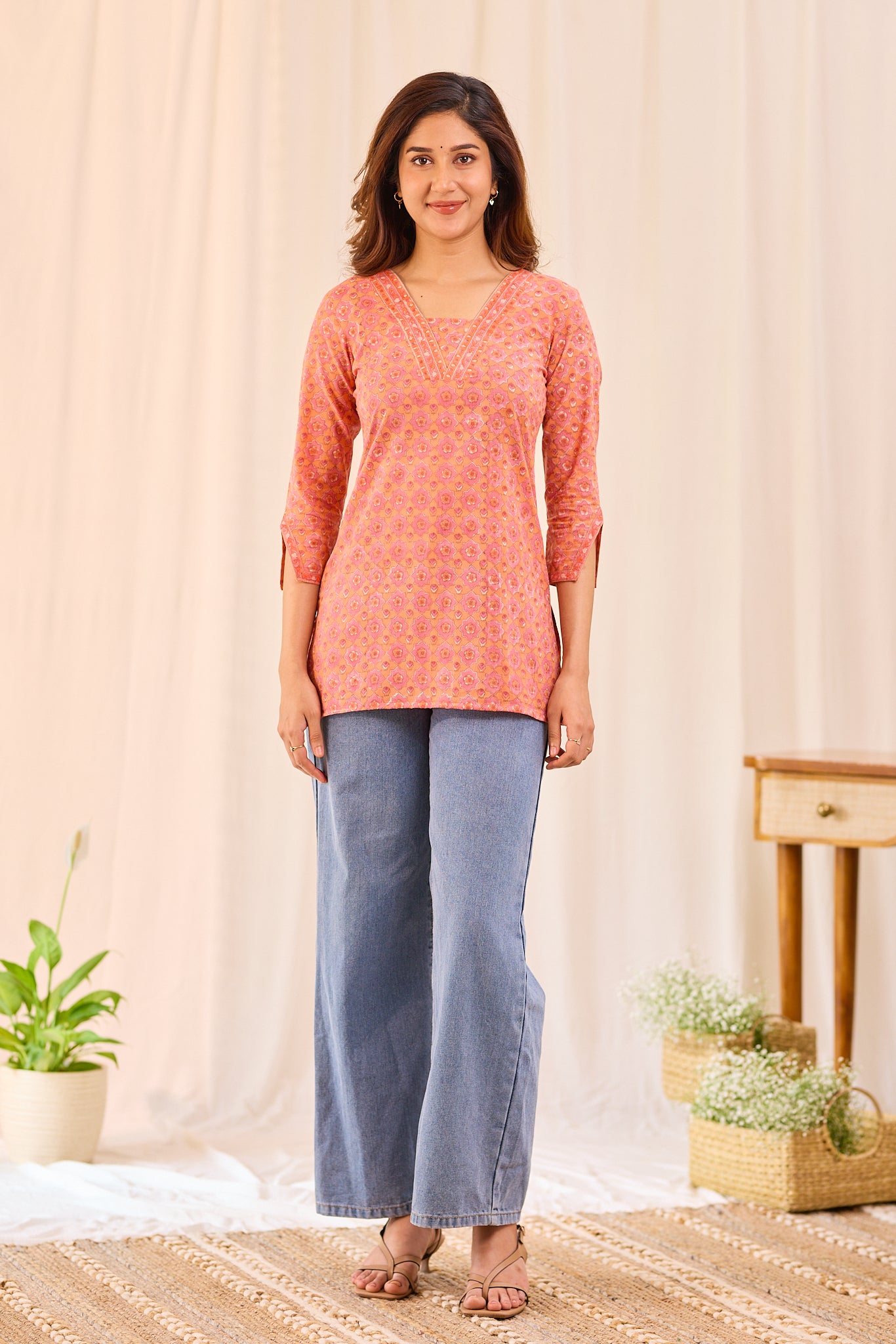 Soft Orange Printed Cotton Short Kurti