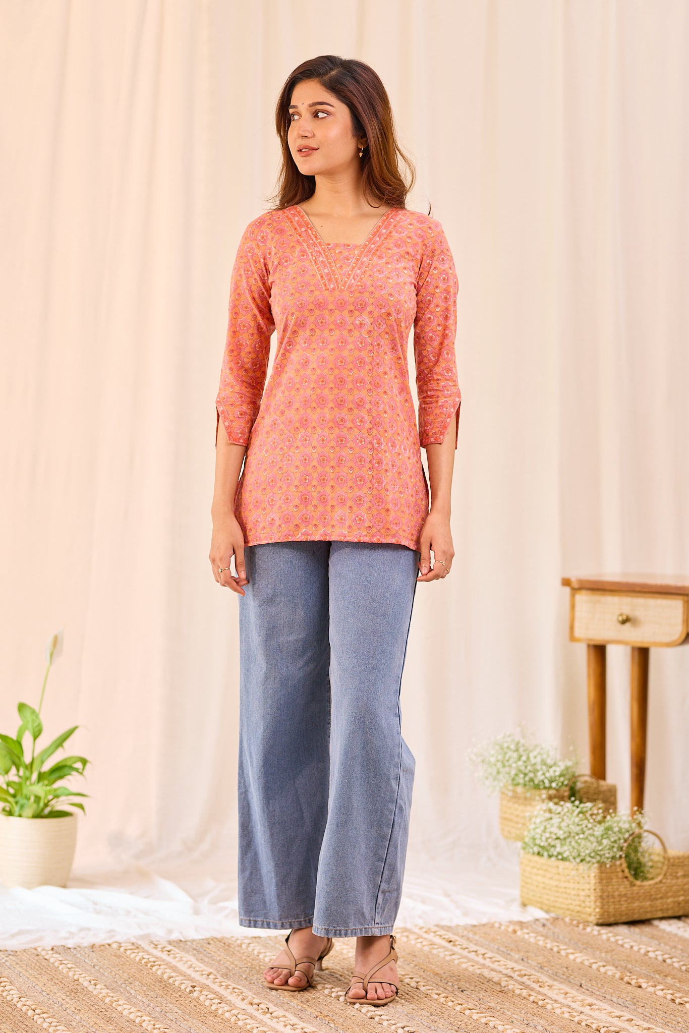 Soft Orange Printed Cotton Short Kurti