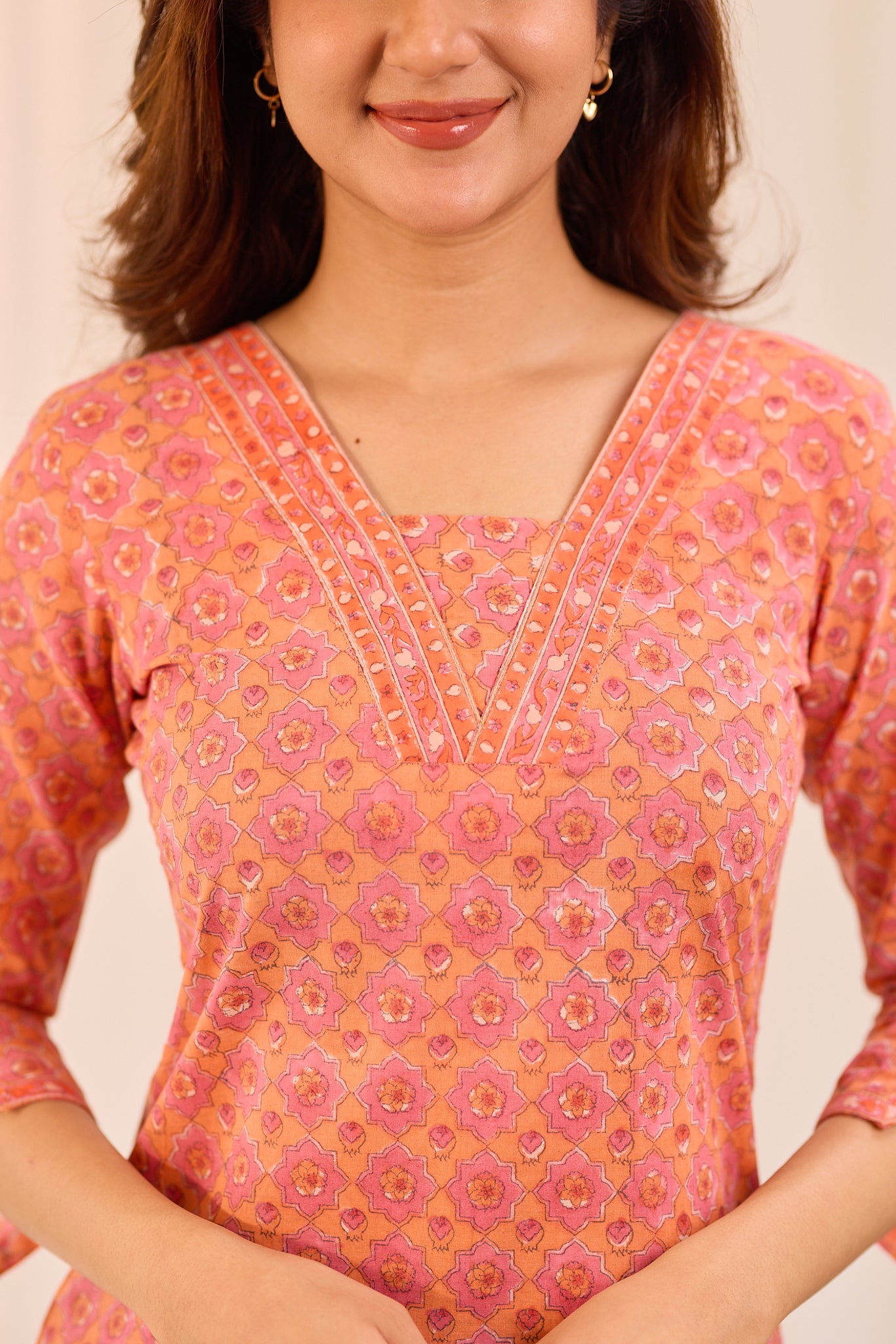 Soft Orange Printed Cotton Short Kurti