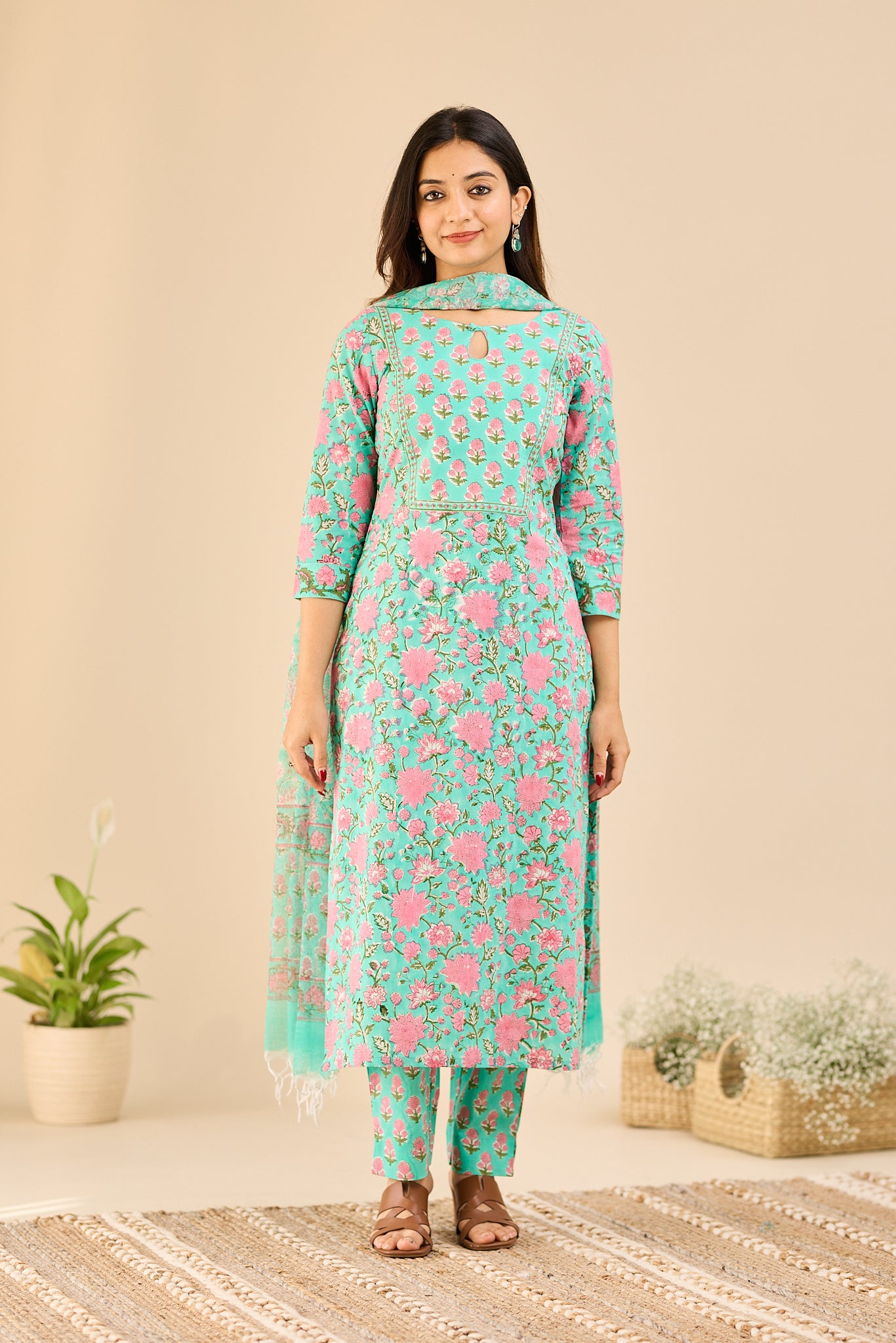 Soft Turquoise Floral Printed Cotton Salwar- Suit with Kota Dupatta