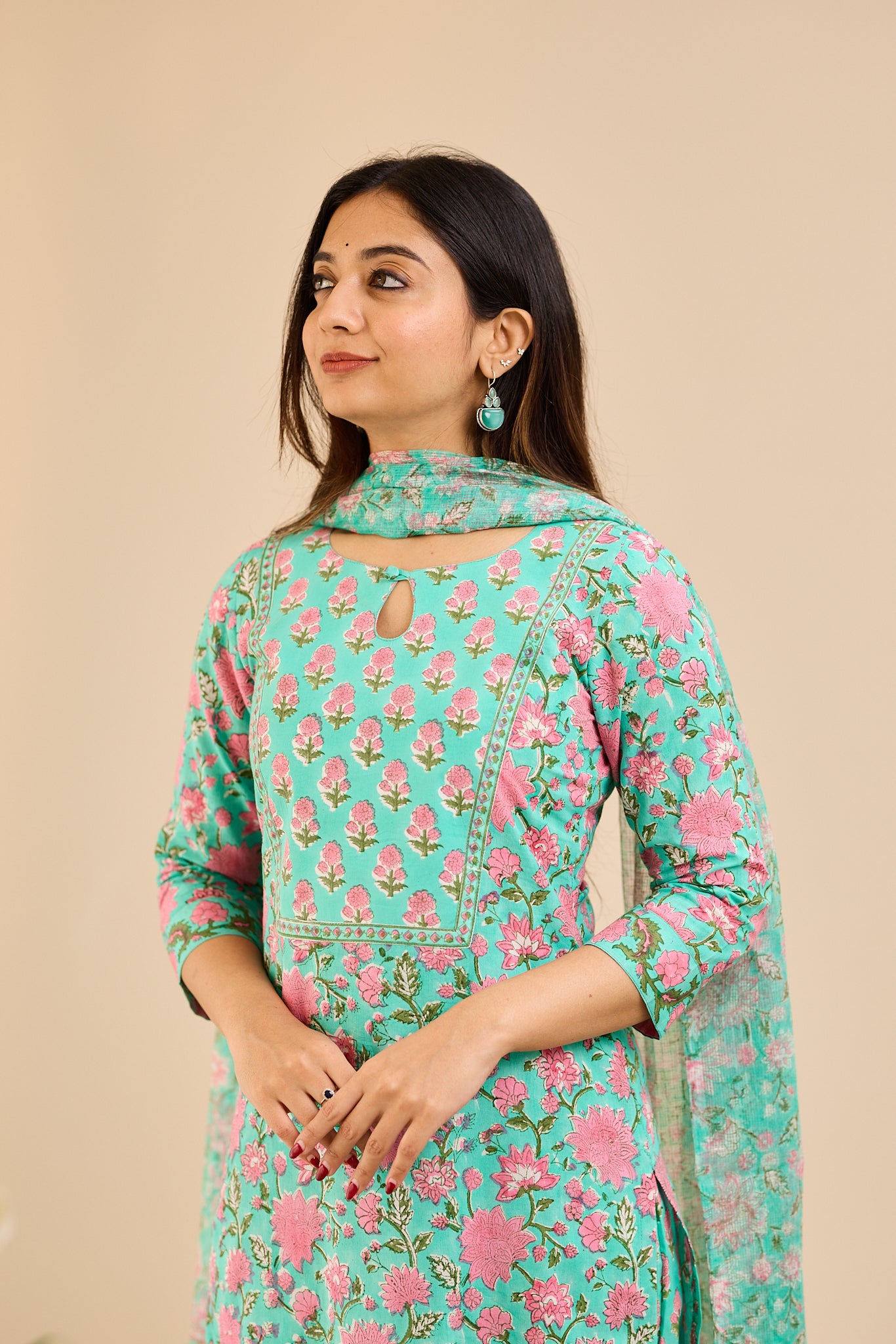 Soft Turquoise Floral Printed Cotton Salwar- Suit with Kota Dupatta