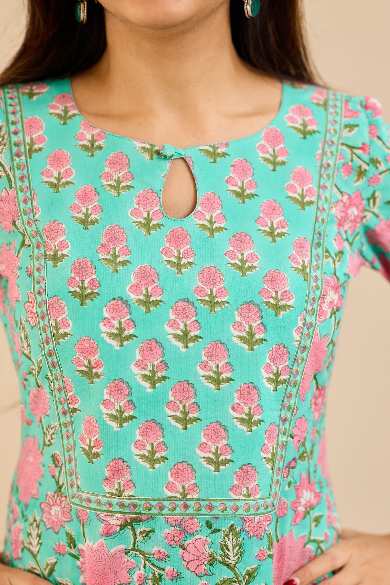 Soft Turquoise Floral Printed Cotton Salwar- Suit with Kota Dupatta