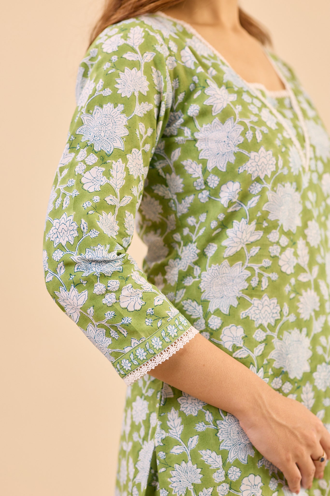 Soft green with white floral print Cotton Salwar Suit Set with Kota Dupatta