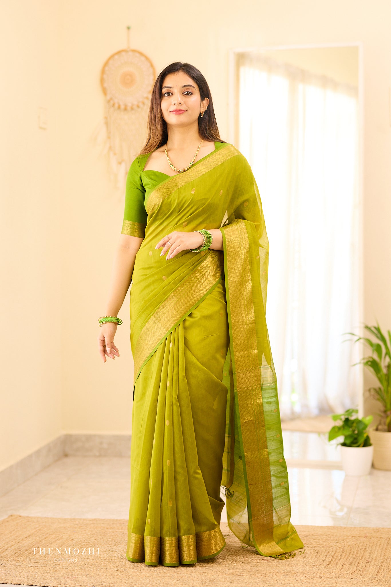 Spring green Maheshwari silk cotton saree