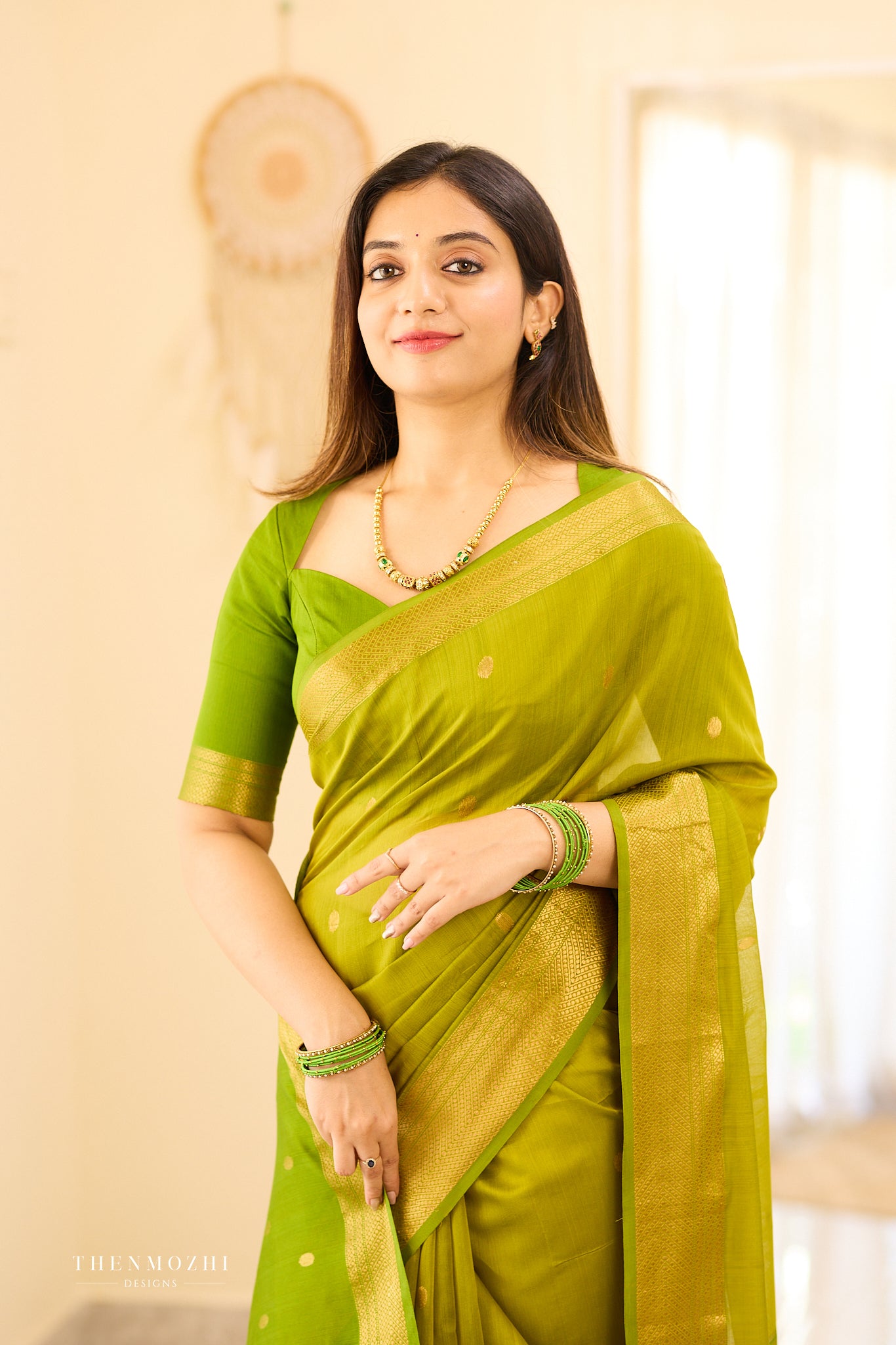 Spring green Maheshwari silk cotton saree