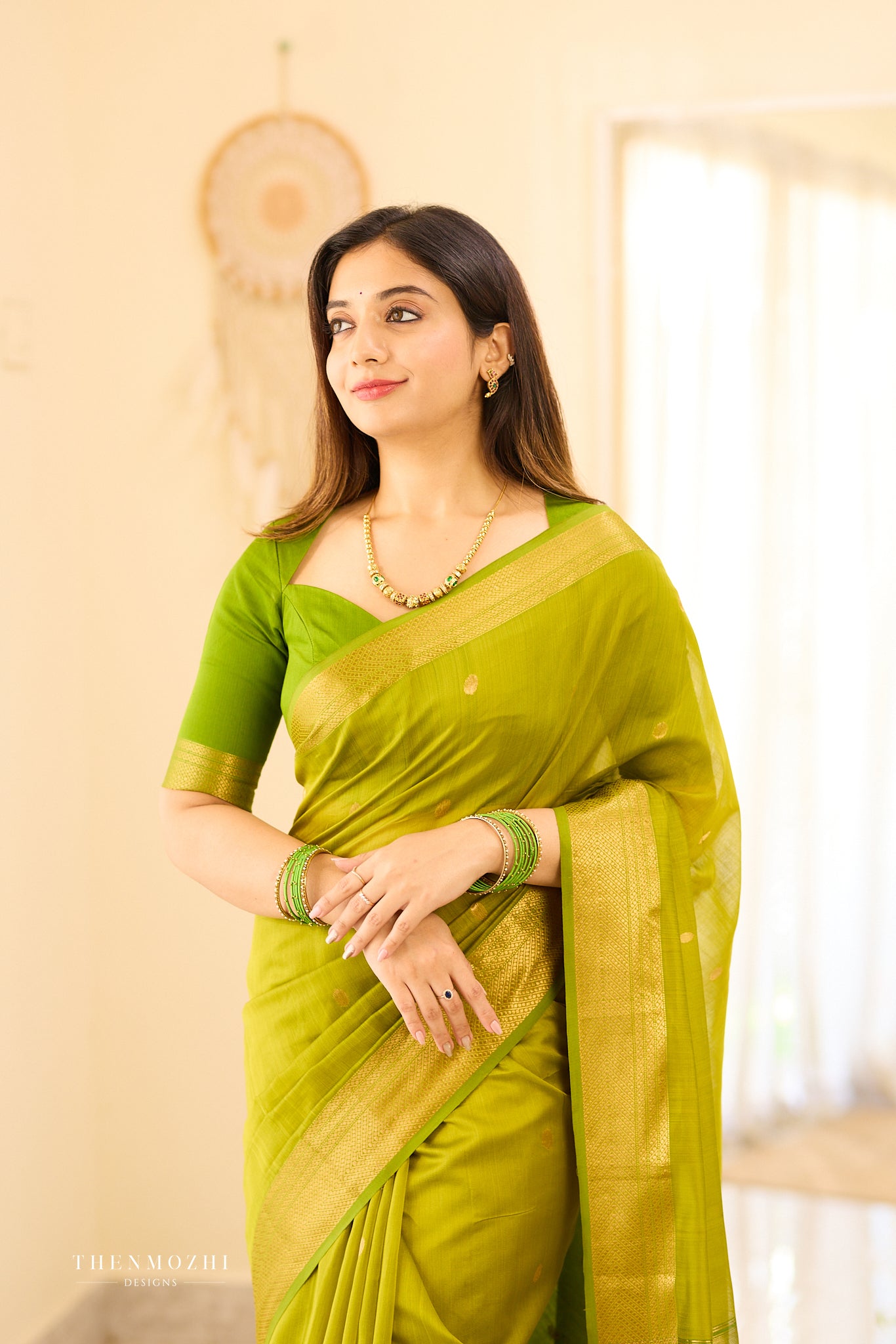 Spring green Maheshwari silk cotton saree