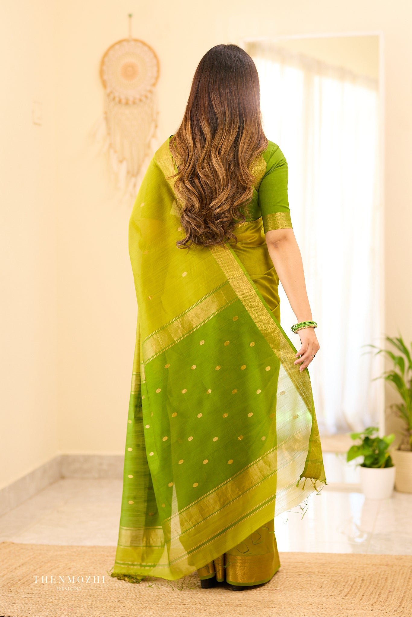 Spring green Maheshwari silk cotton saree