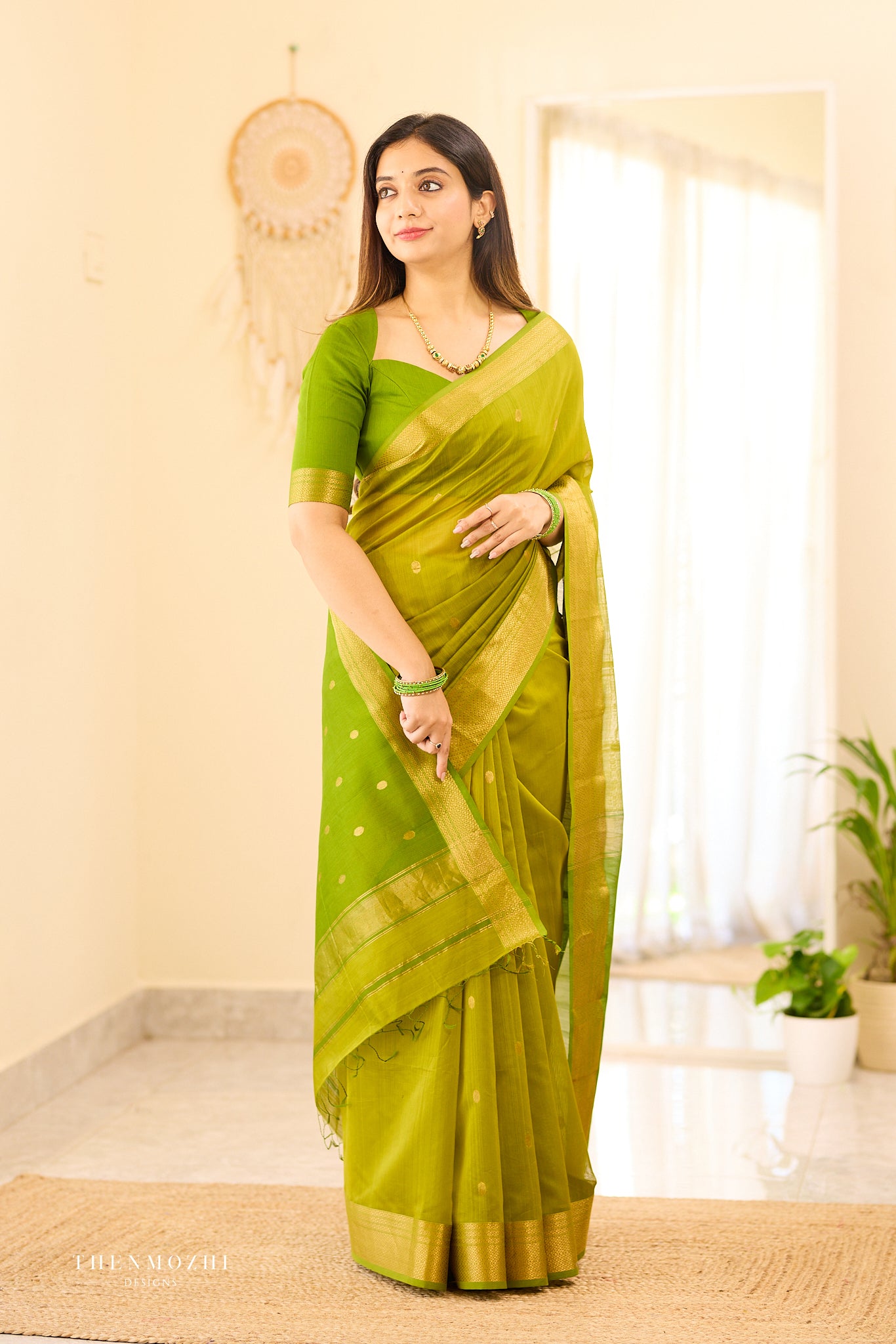 Spring green Maheshwari silk cotton saree
