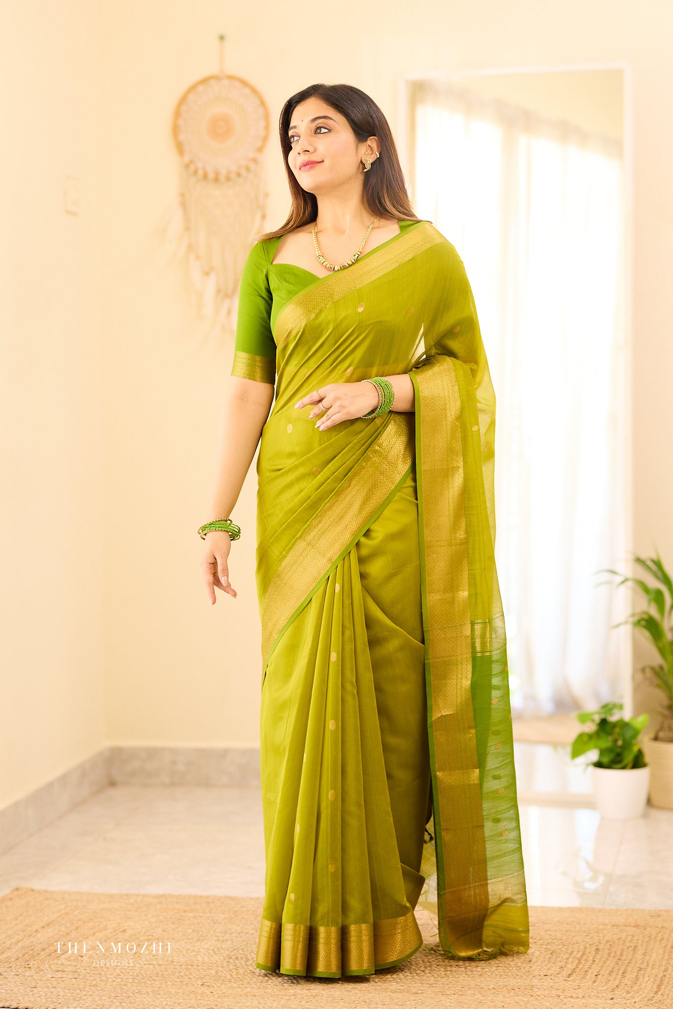 Spring green Maheshwari silk cotton saree
