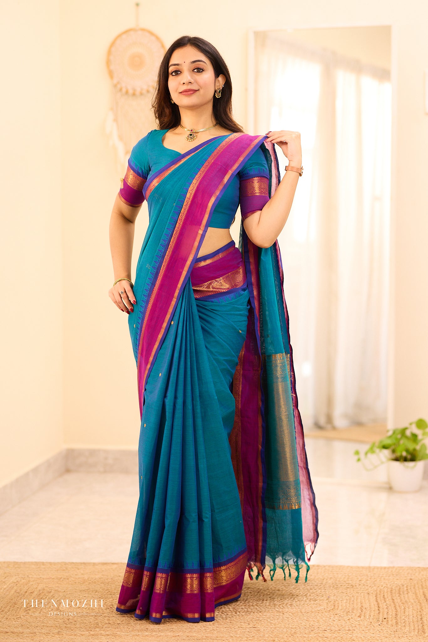 Teal Chettinad Cotton Saree with Wine Zari Border