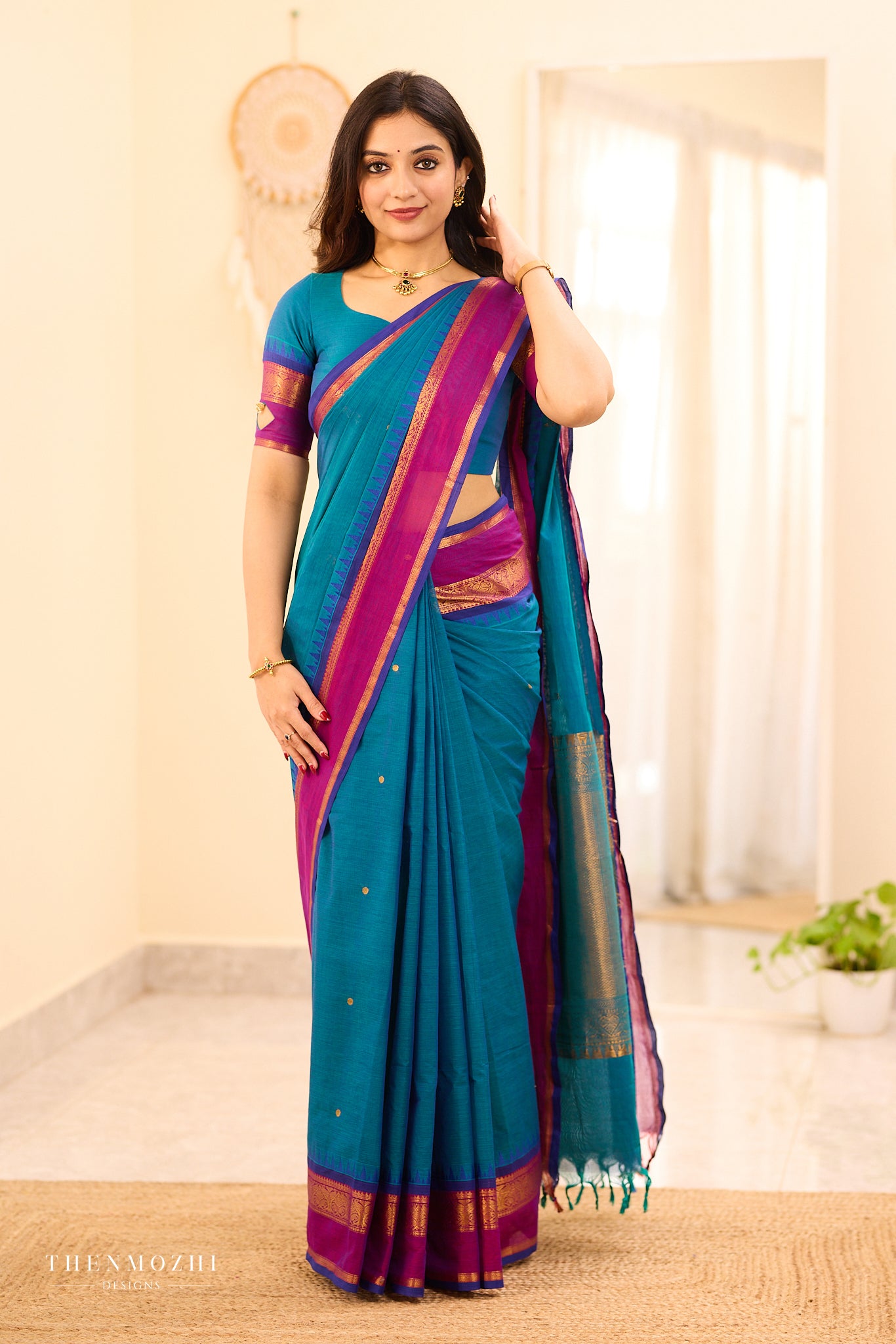 Teal Chettinad Cotton Saree with Wine Zari Border