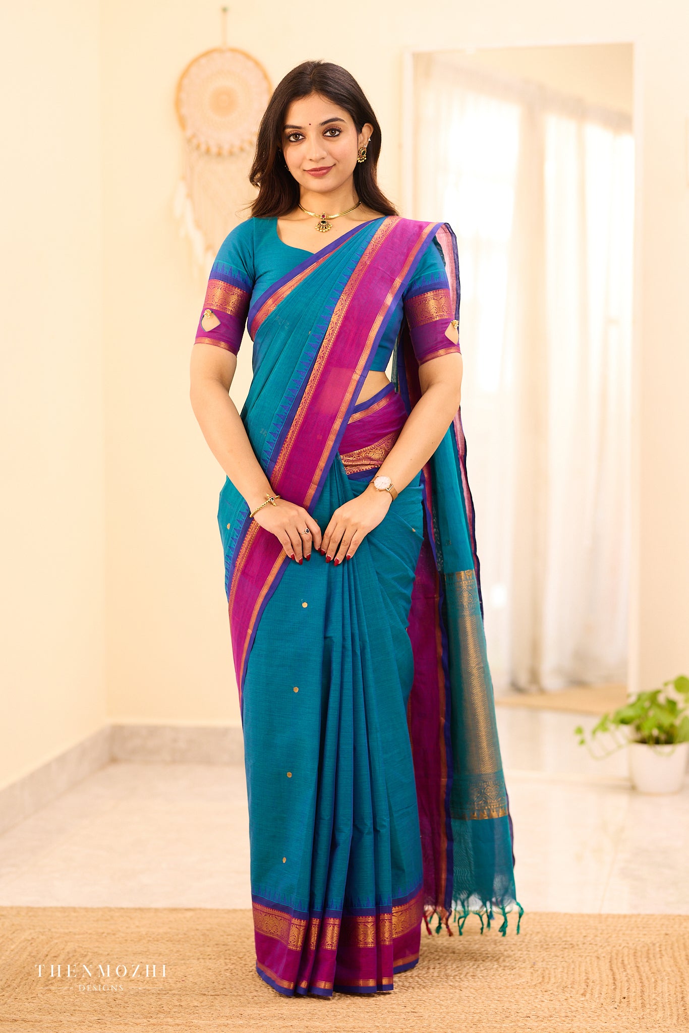 Teal Chettinad Cotton Saree with Wine Zari Border